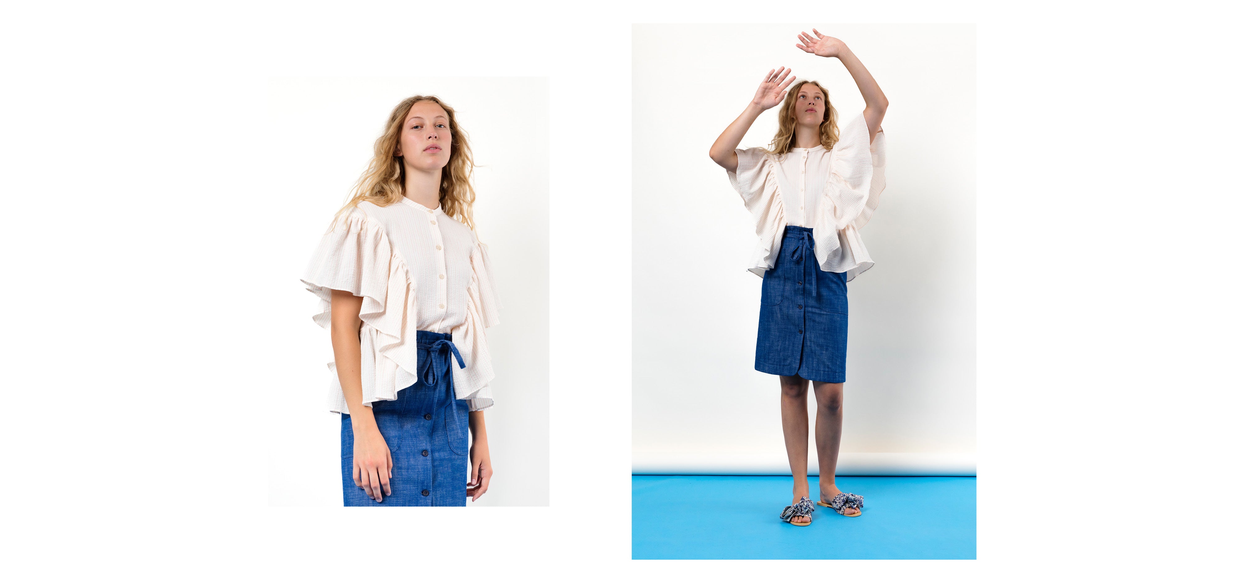 Woman in blue jeans midi skirt and light short sleeved blouse with ruffles