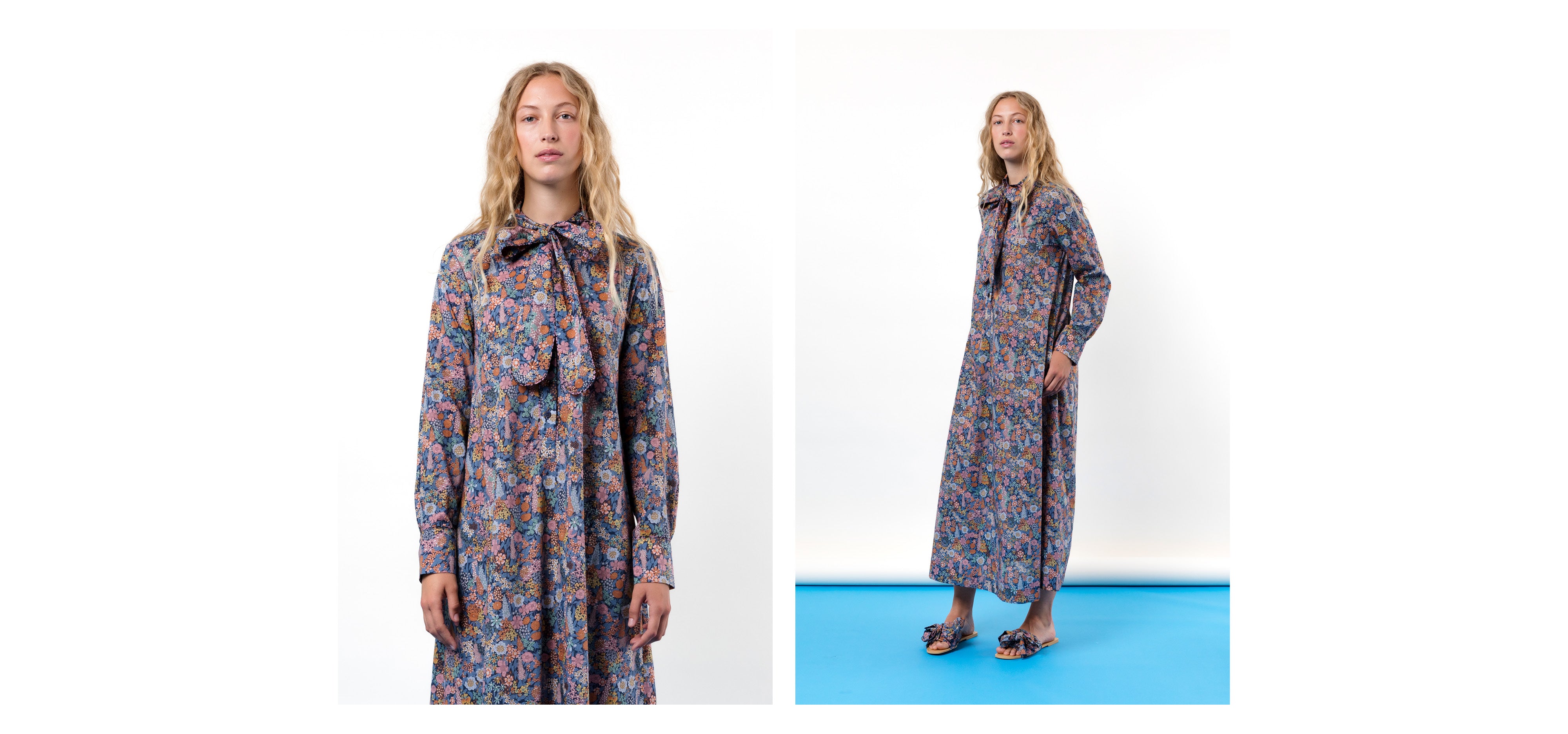 Woman in Liberty cotton multi-colored floral print dress with long sleeves and bow around neck