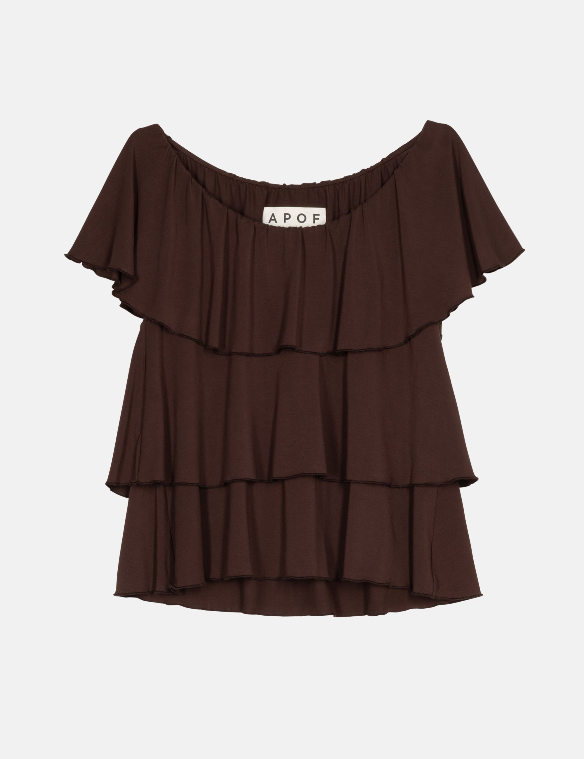 Brown ruffled top with APOF label
