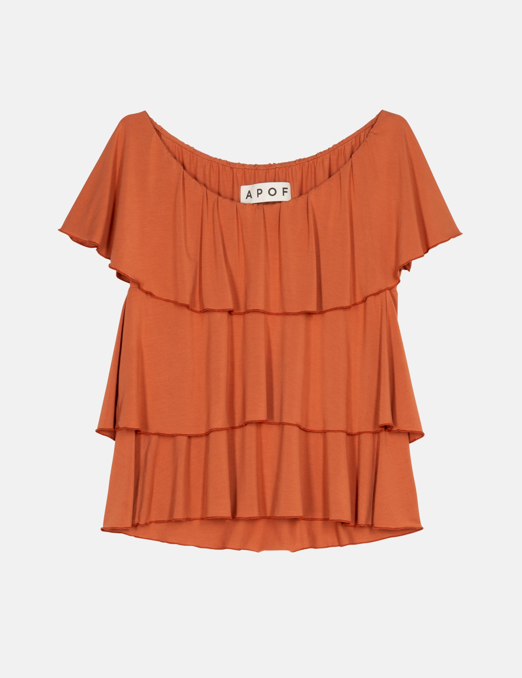 Orange tiered blouse with 'APOF' label