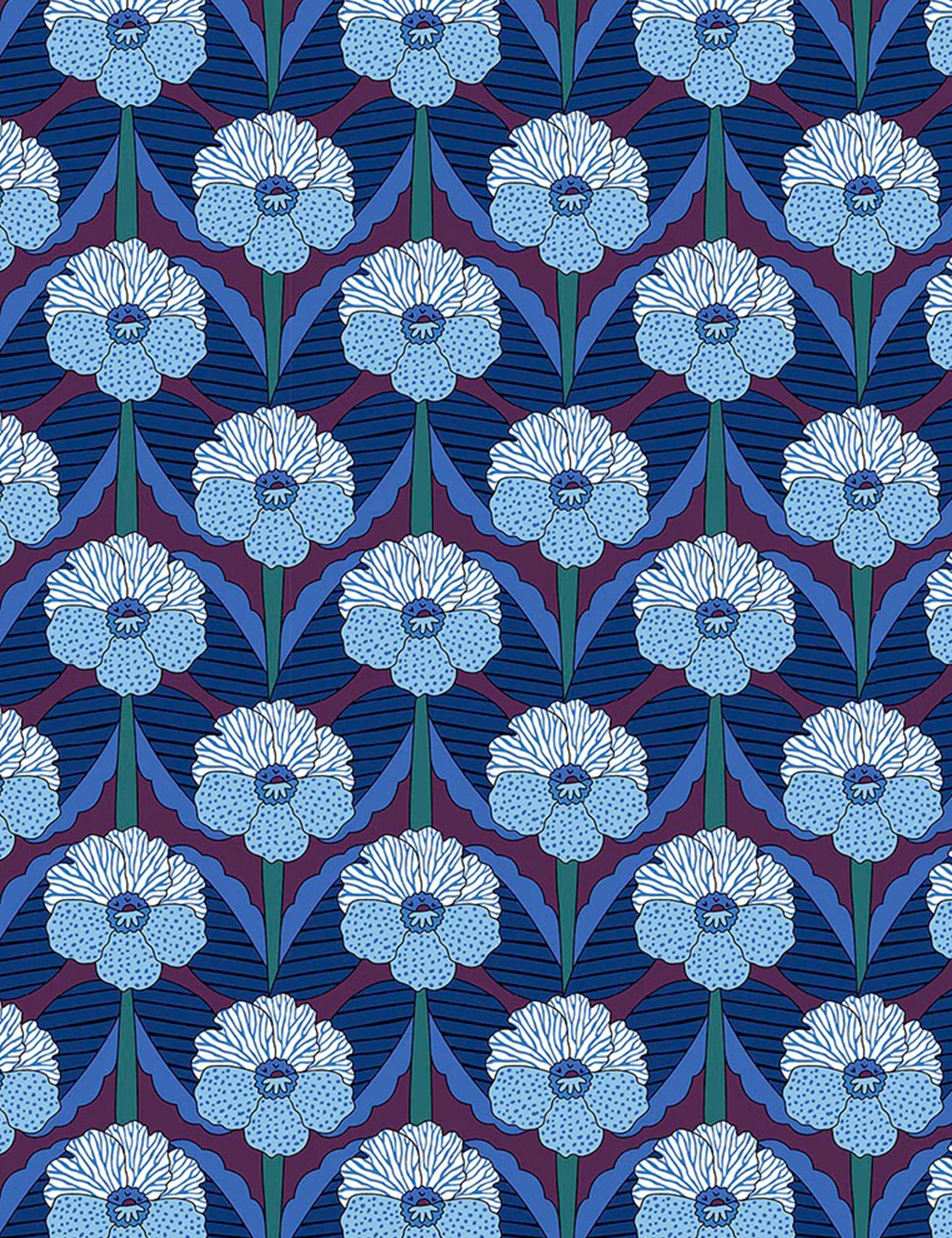 Closeup of Chevron Blue Liberty cotton fabric with large blue flowers