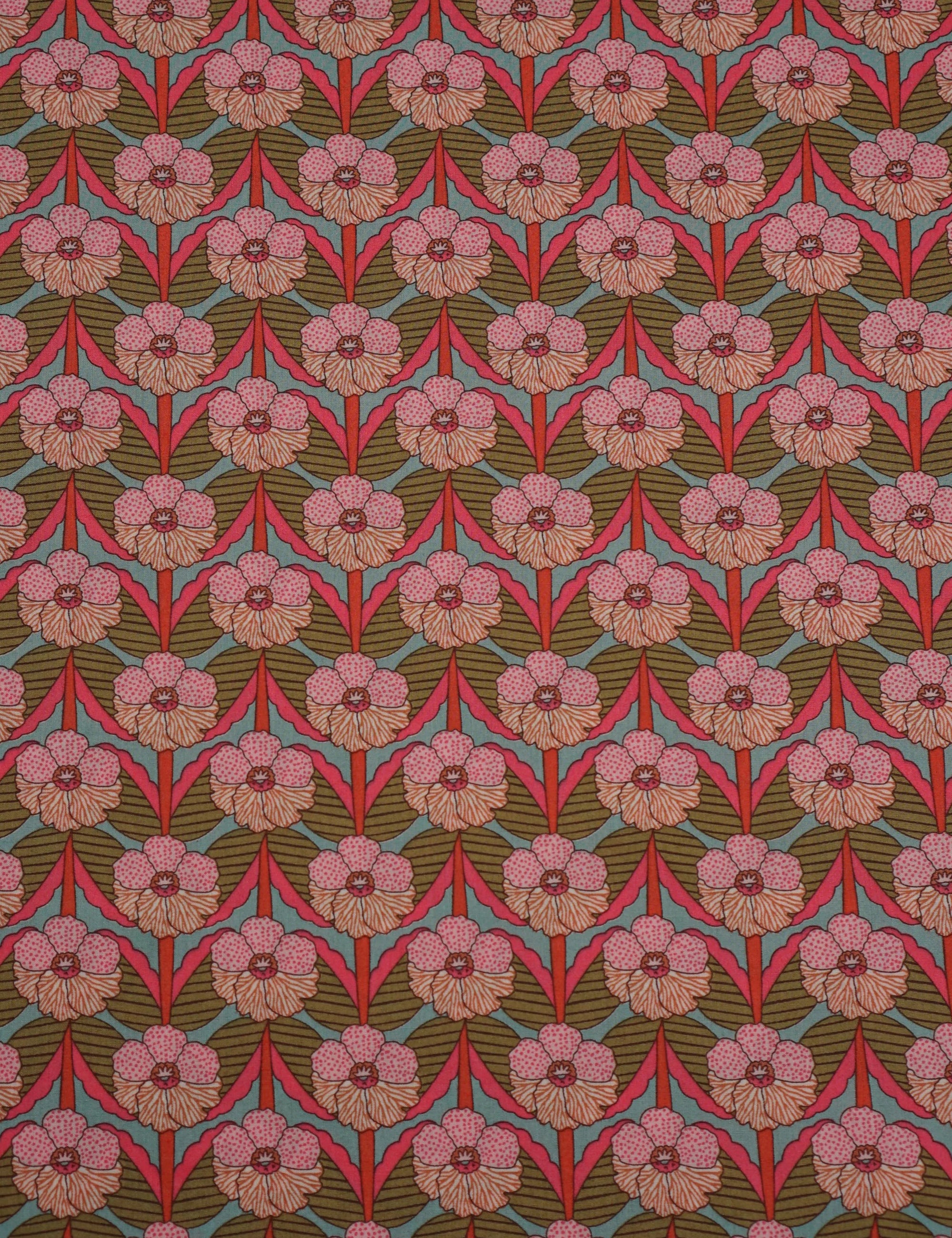 Closeup of Chevron Rose Liberty cotton fabric with large pink flowers