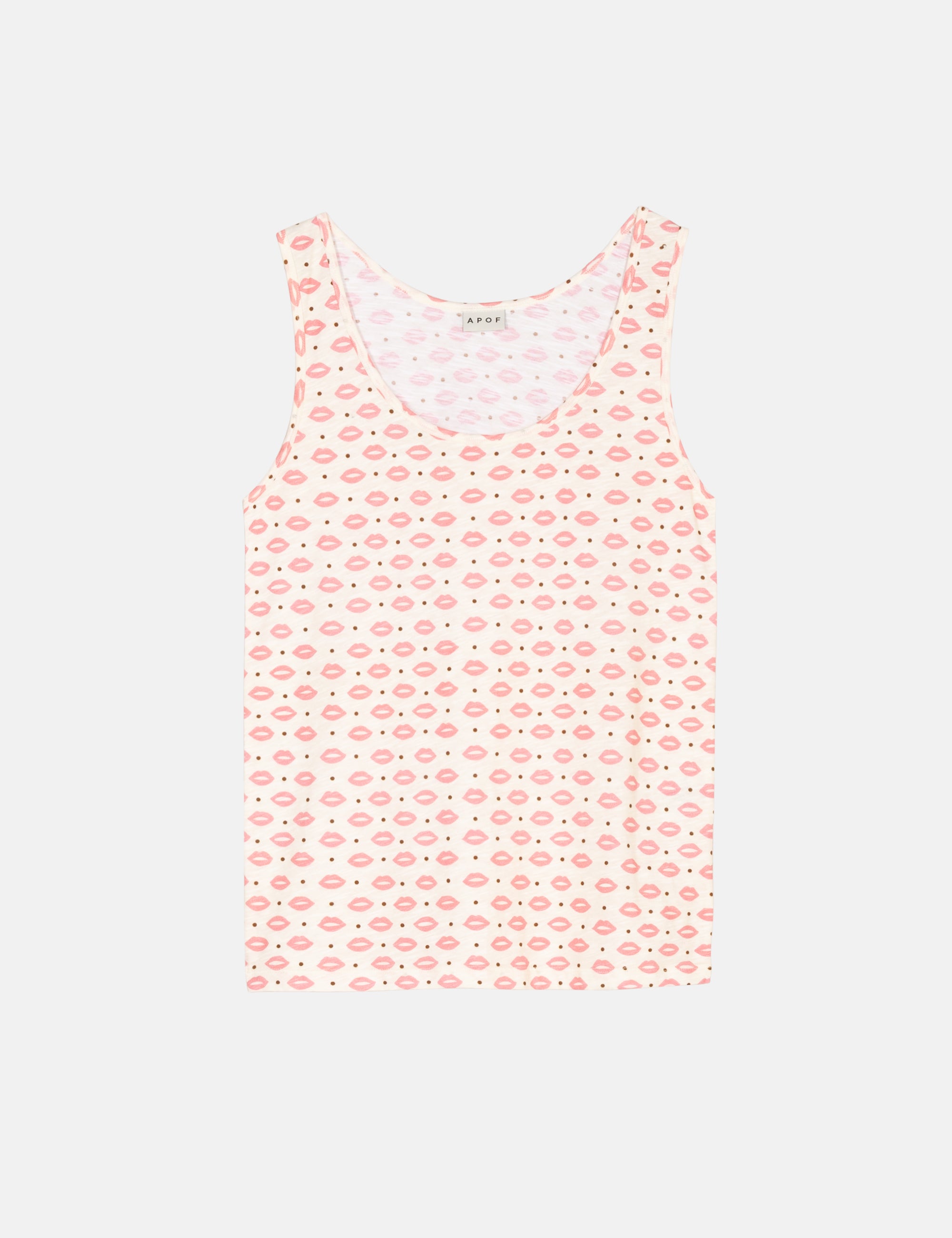 Pink tank top with a lip pattern on a white background