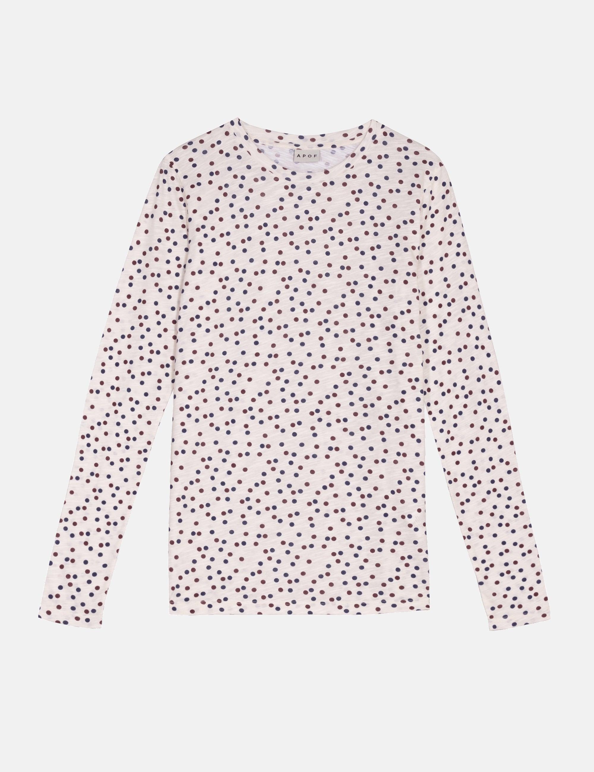 White long-sleeve crew-neck t-shirt with small dark red dot pattern