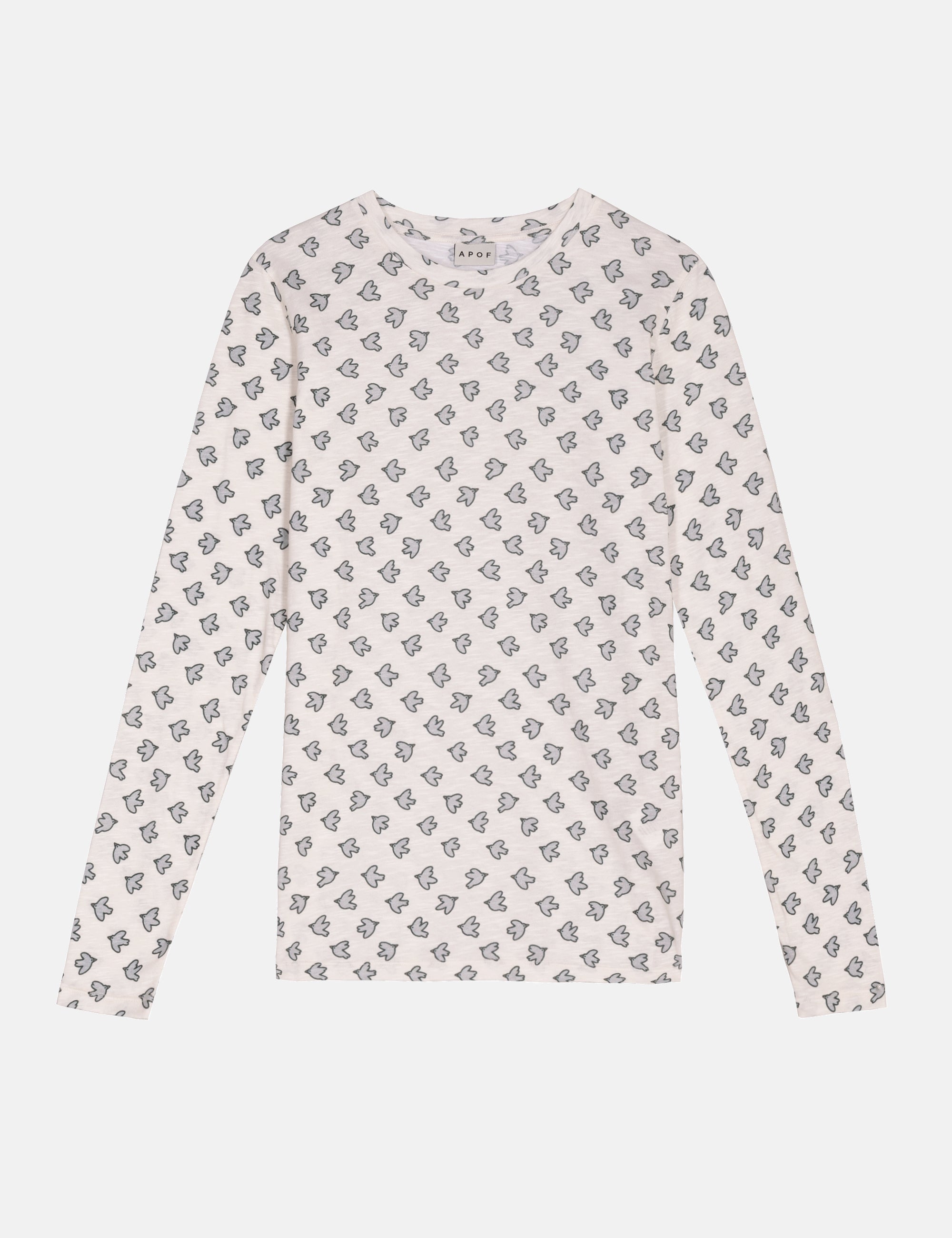Light long-sleeve T-shirt with small repeating bird print, crew neck
