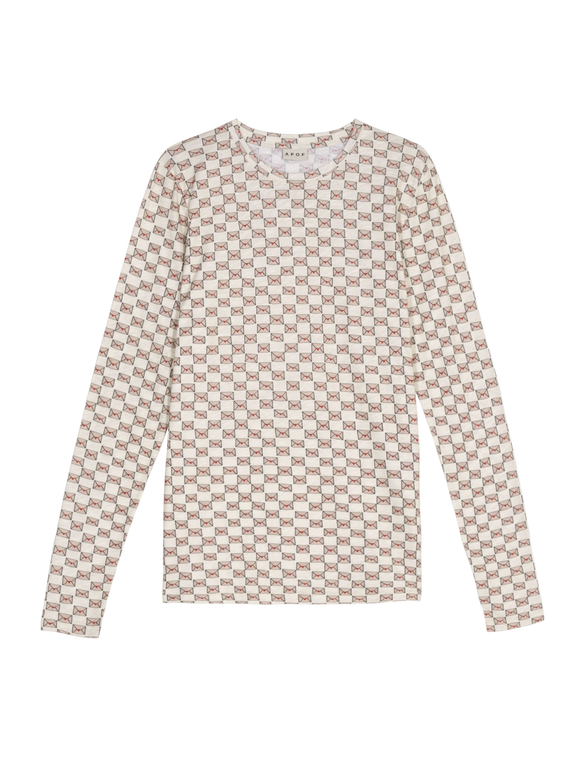 Long-sleeve women's t-shirt with geometric love letter pattern on a white background