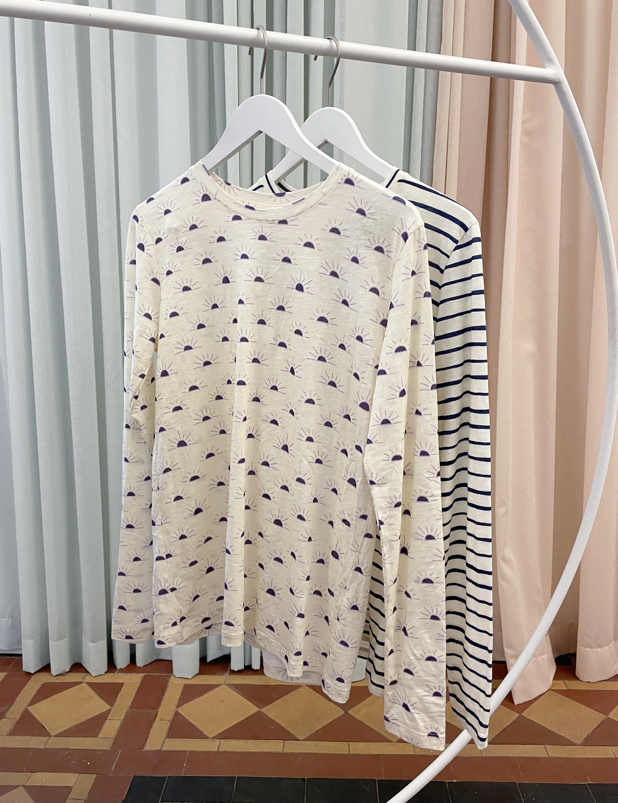 Women's long sleeve cotton jersey t-shirts with sunset print and blue and white stripes