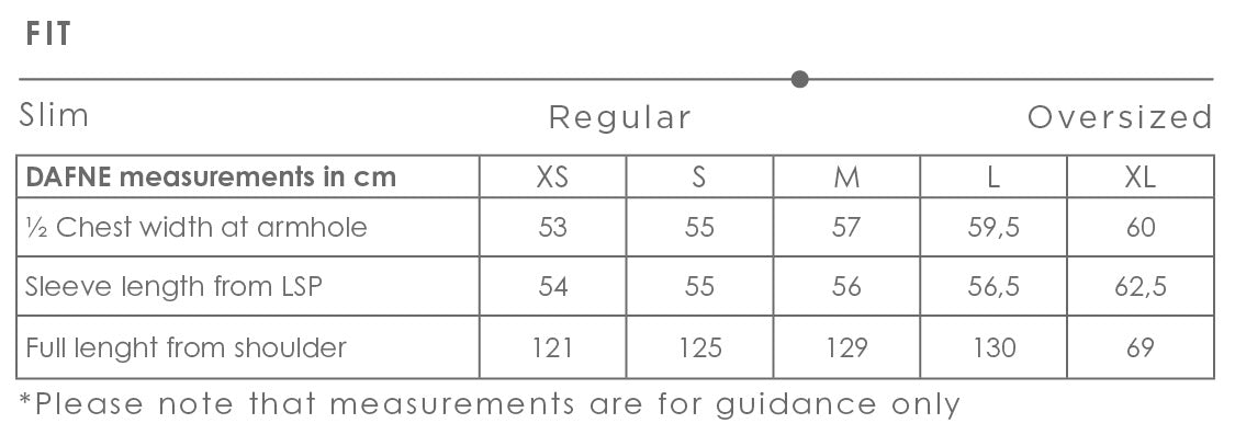 Size chart for Dafne women's coat