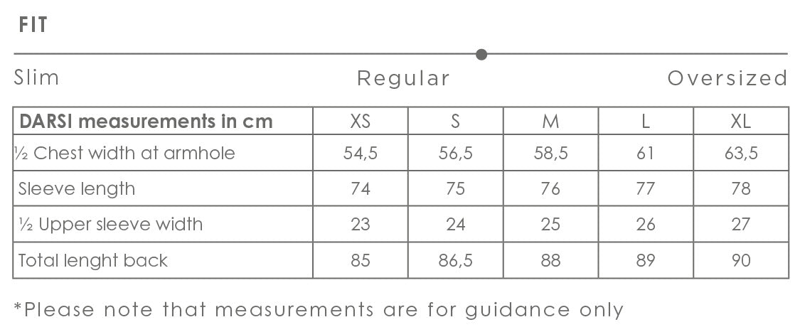 Darsi jacket size chart