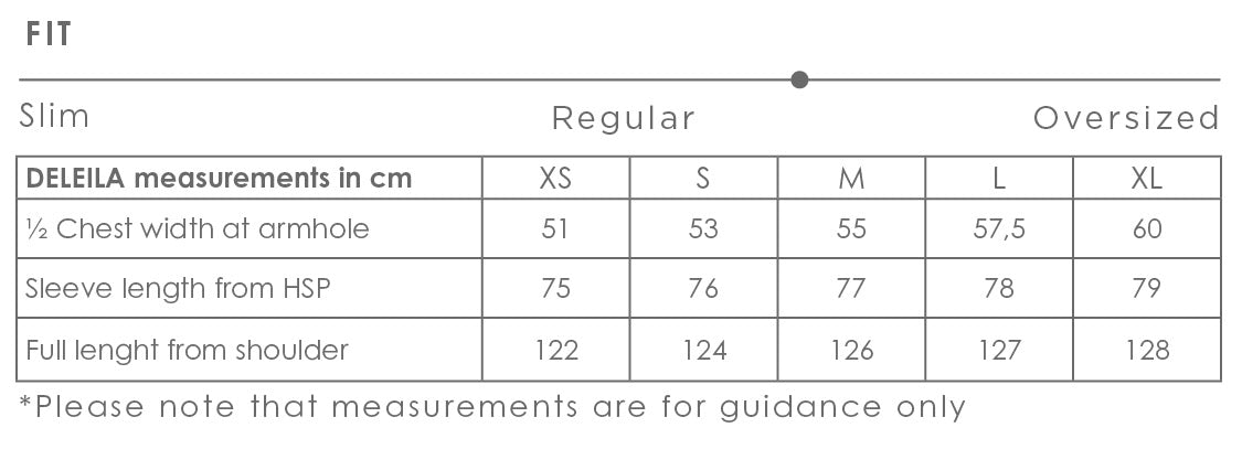 Size chart for Deleila women's coat