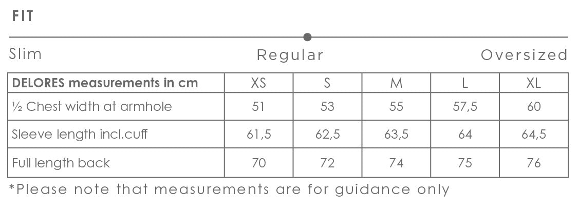 Delores jacket size chart