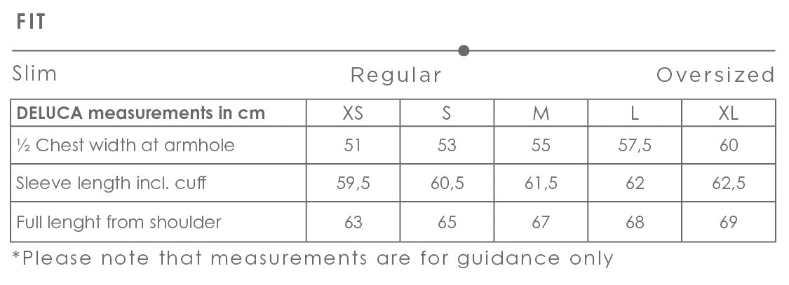 Size chart for Deluca women's jacket
