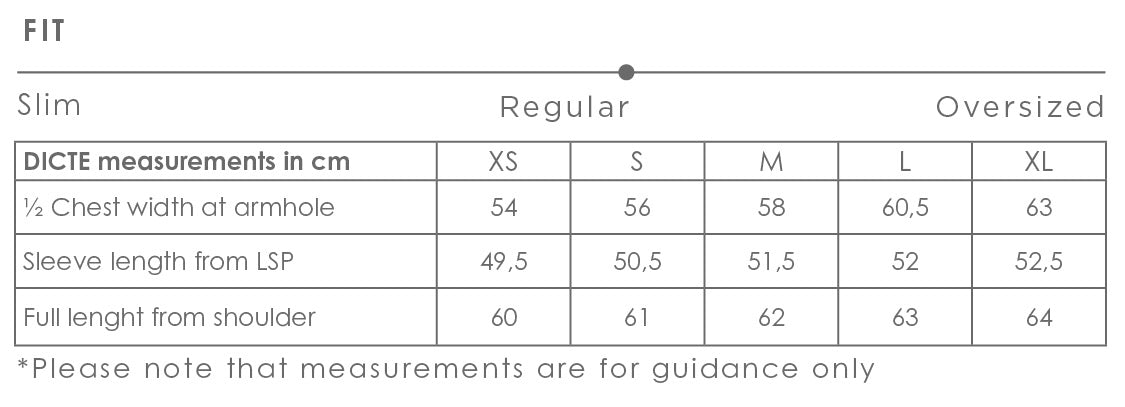 Size chart for Dicte women's jacket
