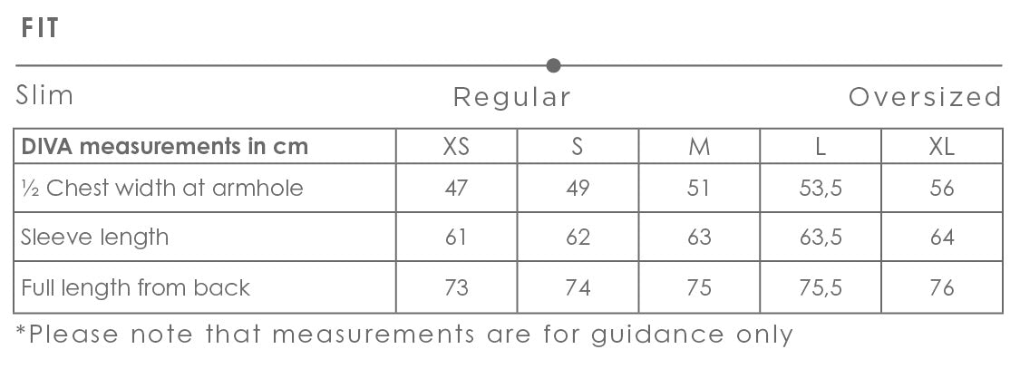 Size chart for Diva women's jacket