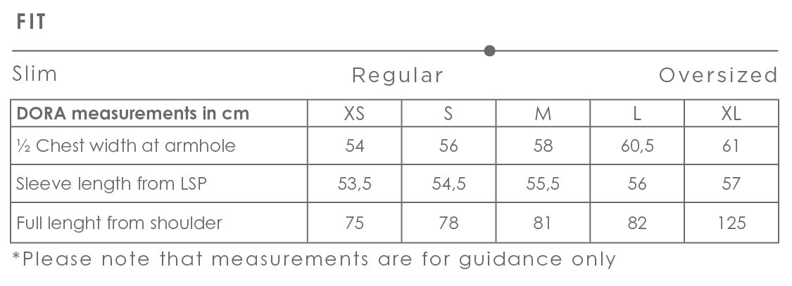 Size chart for Dora women's jacket