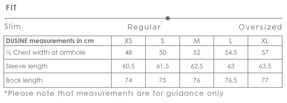 Dusine jacket size chart