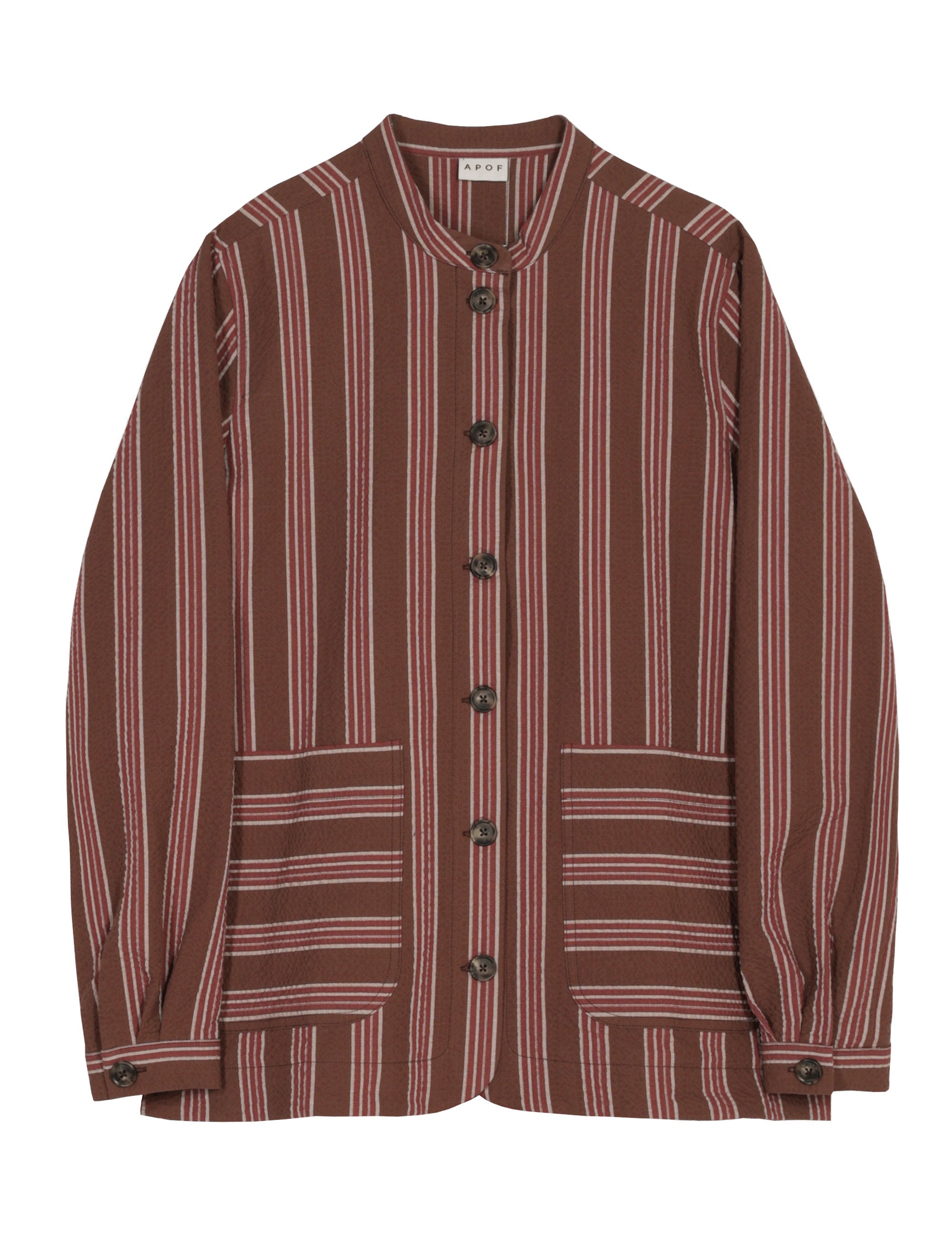 Brown and white striped women's jacket in seersucker with buttons and pockets
