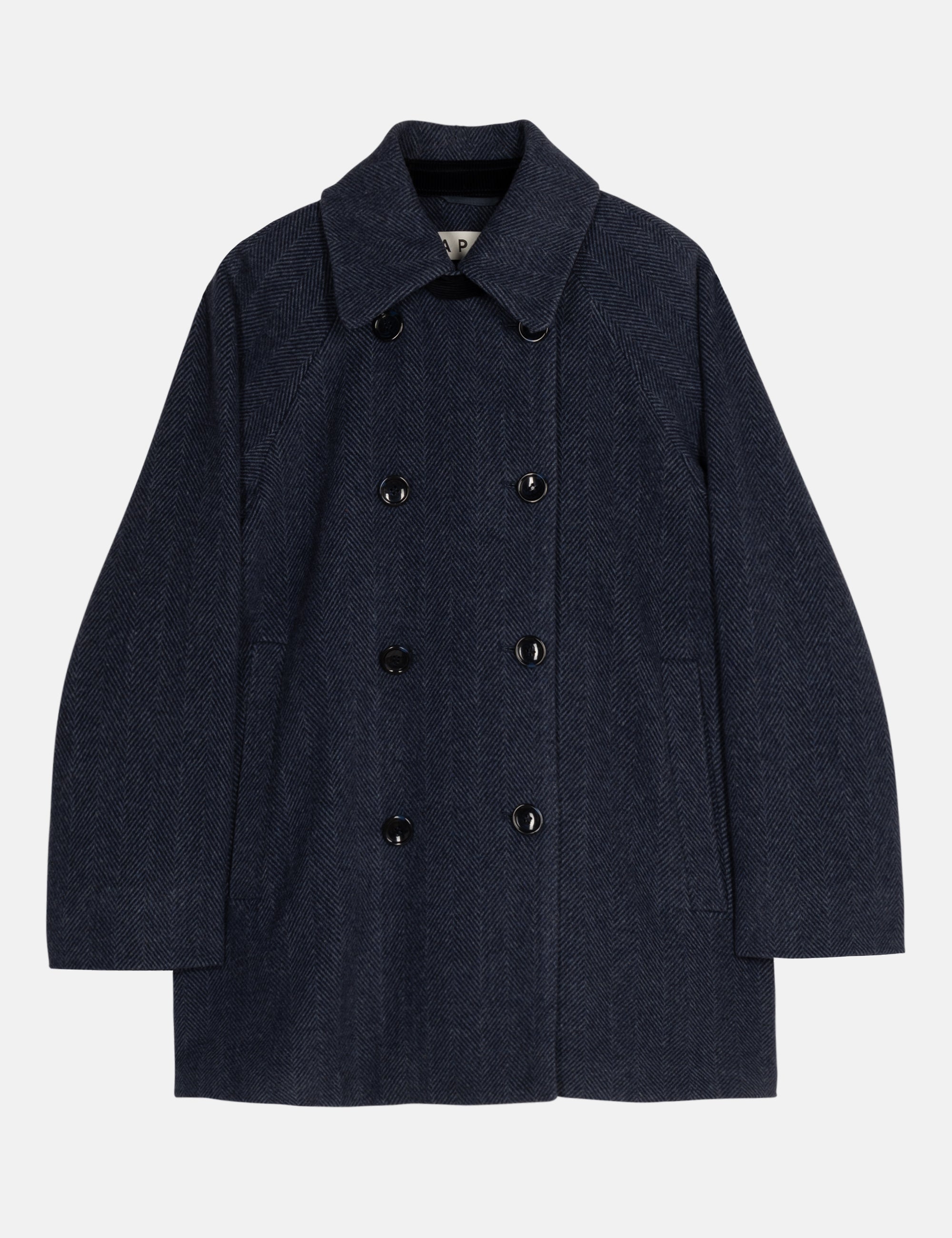 Women's navy blue wool jacket with double buttons, collar and pockets on a white background