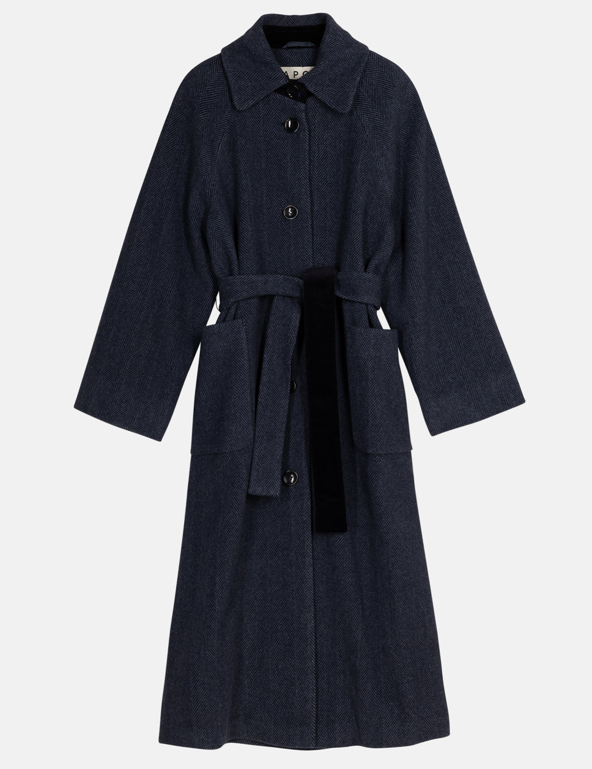Women's long navy blue wool coat with a belt on a white background