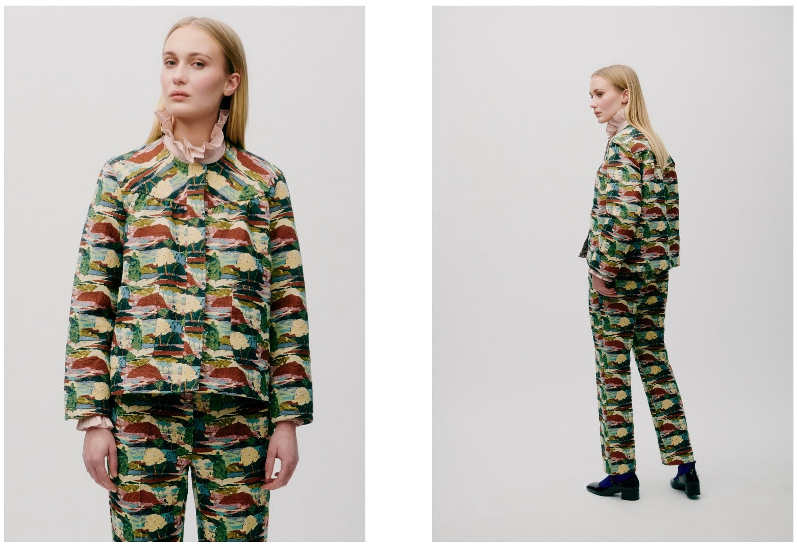 Woman wearing a forest patterned outfit with jacket and trousers