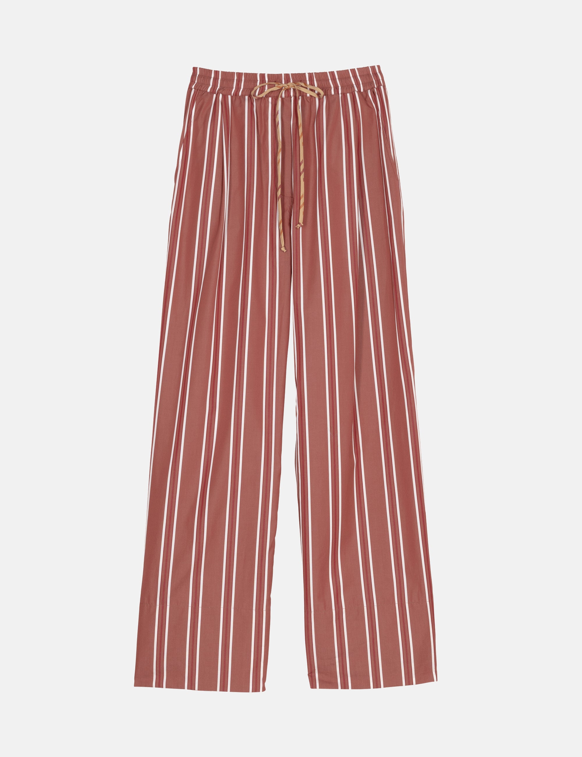 Striped women's pants with a drawstring on a white background