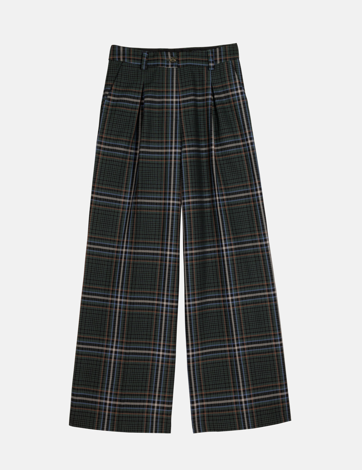 Harris check pants with dark plaid pattern, wide-leg fit, elastic waistband