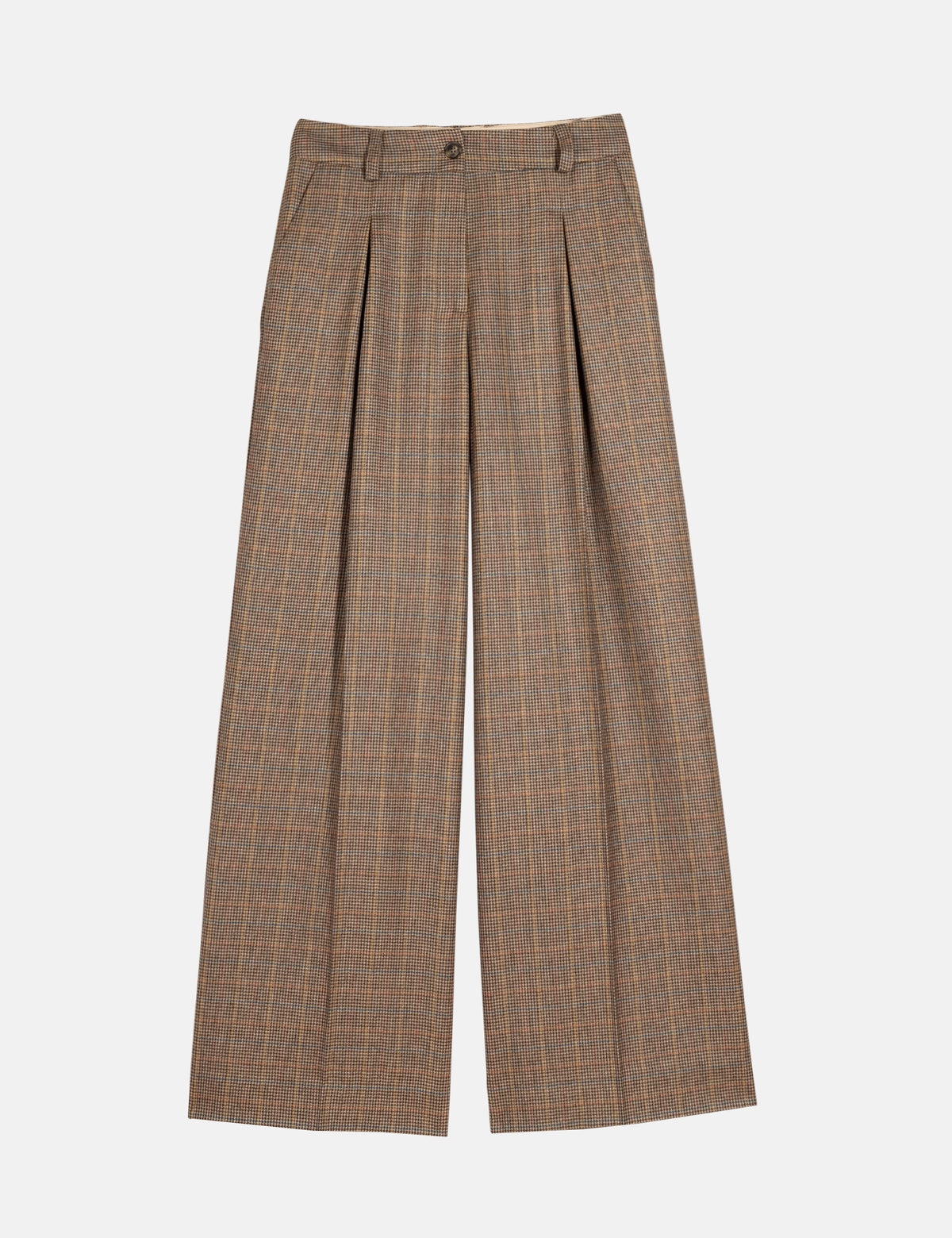 Heritage wide-leg trousers in brown plaid with pleated front, belt loops, button waist