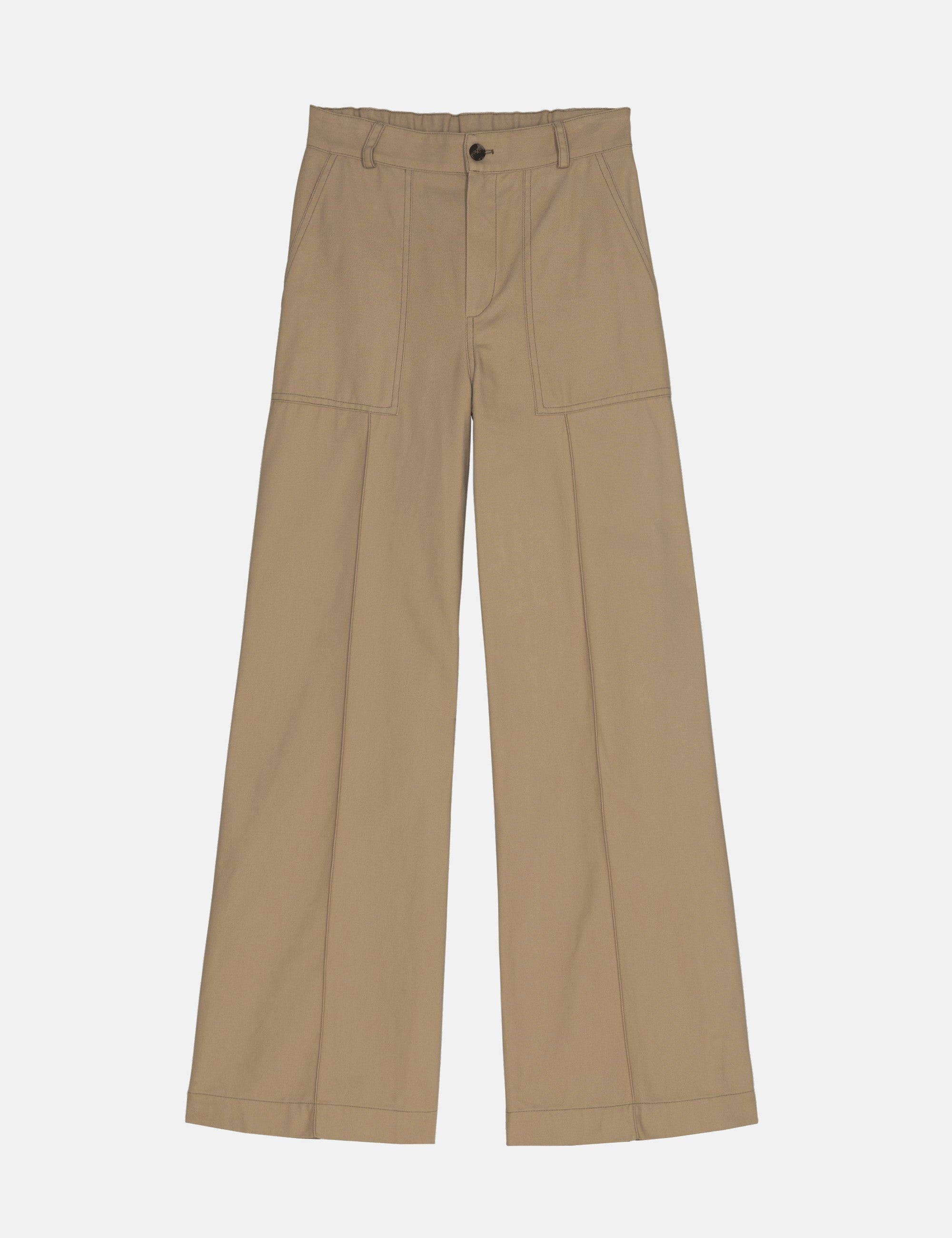 Beige women's canvas pants with wide legs and pockets