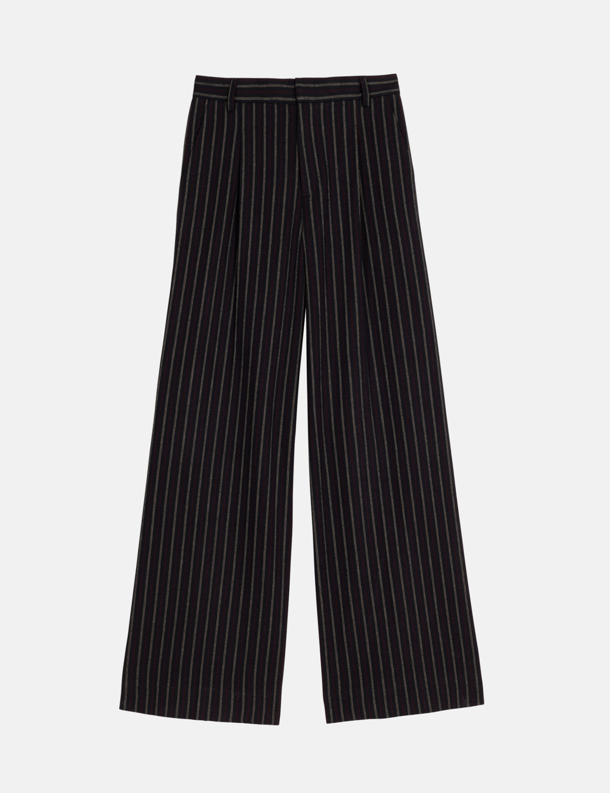 Navy blue pinstripe women's pants on a light gray background