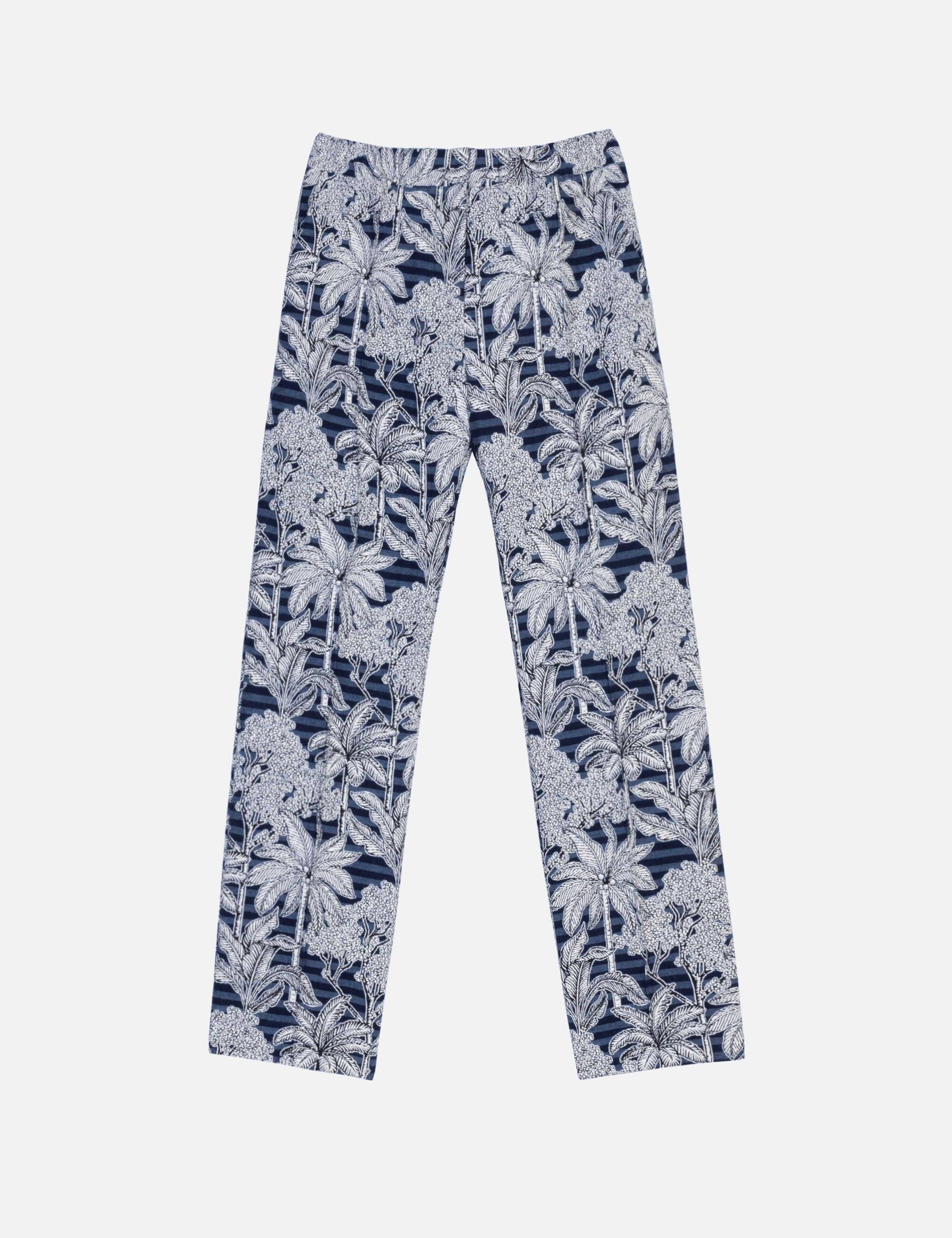 Navy blue pants with white floral pattern on a white background