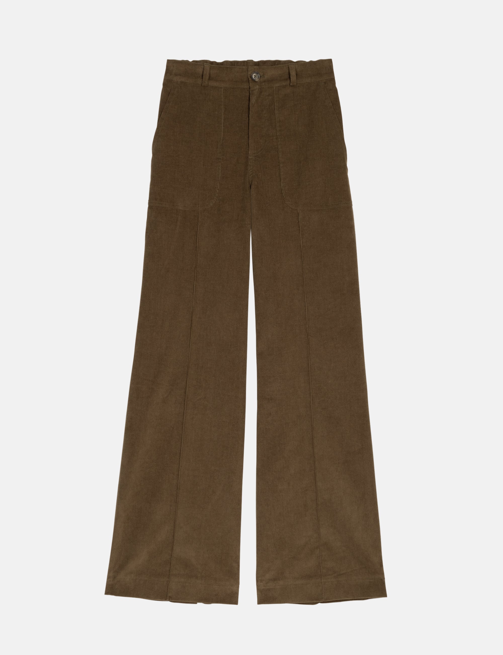 Olive green women's corduroy pants on a white background