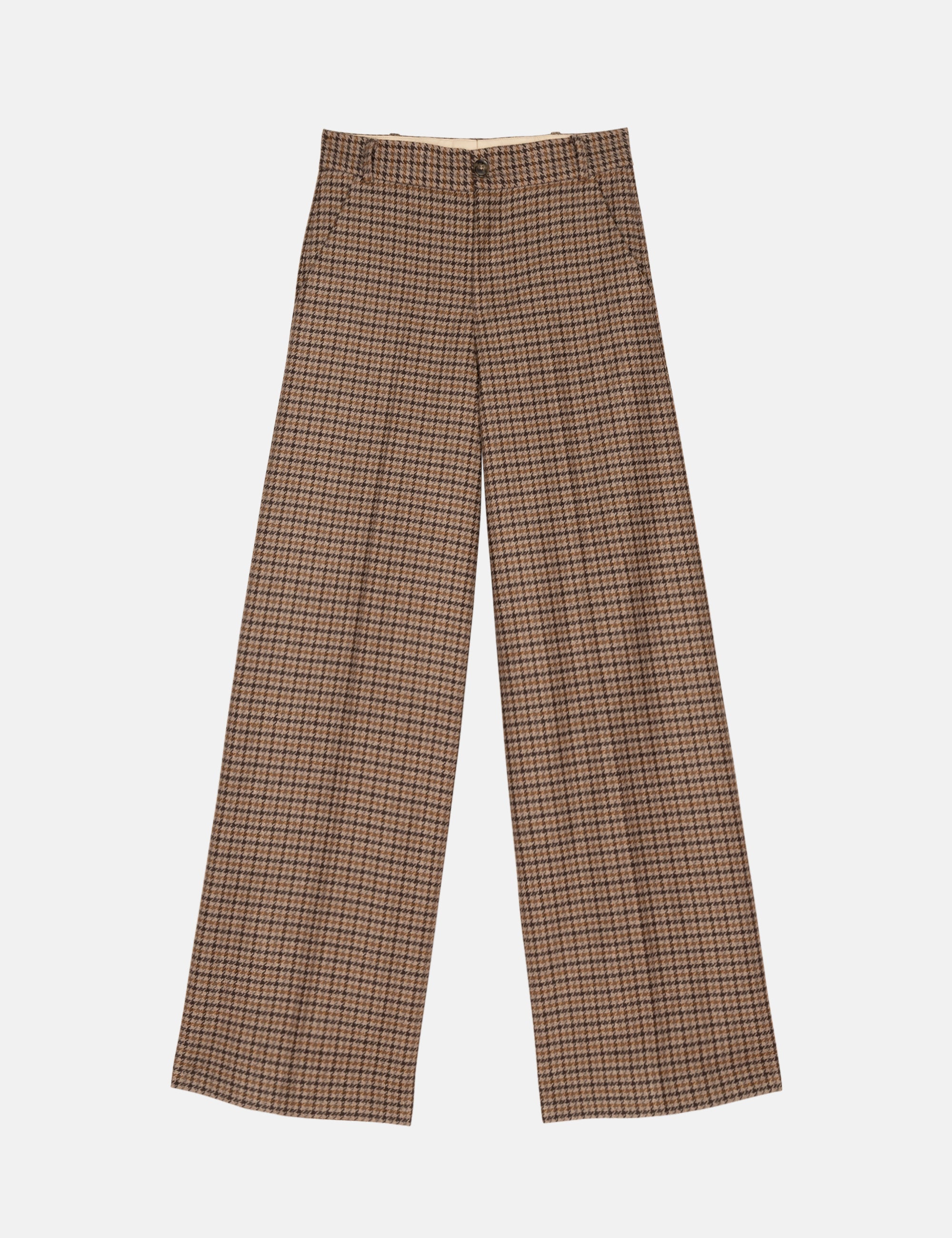 Women's brown plaid pants on a white background