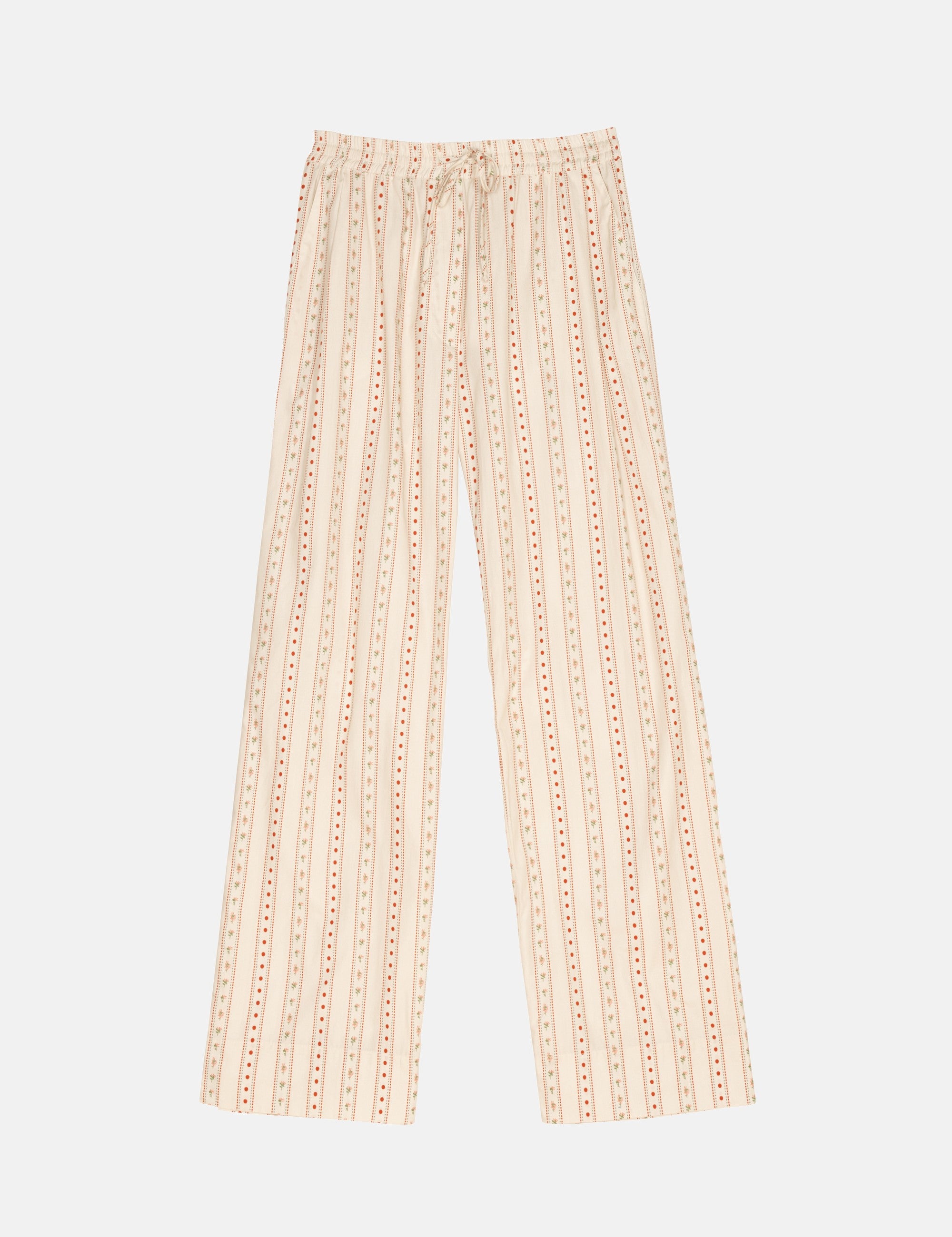 Beige women's pants with a subtle red stripe pattern on a white background