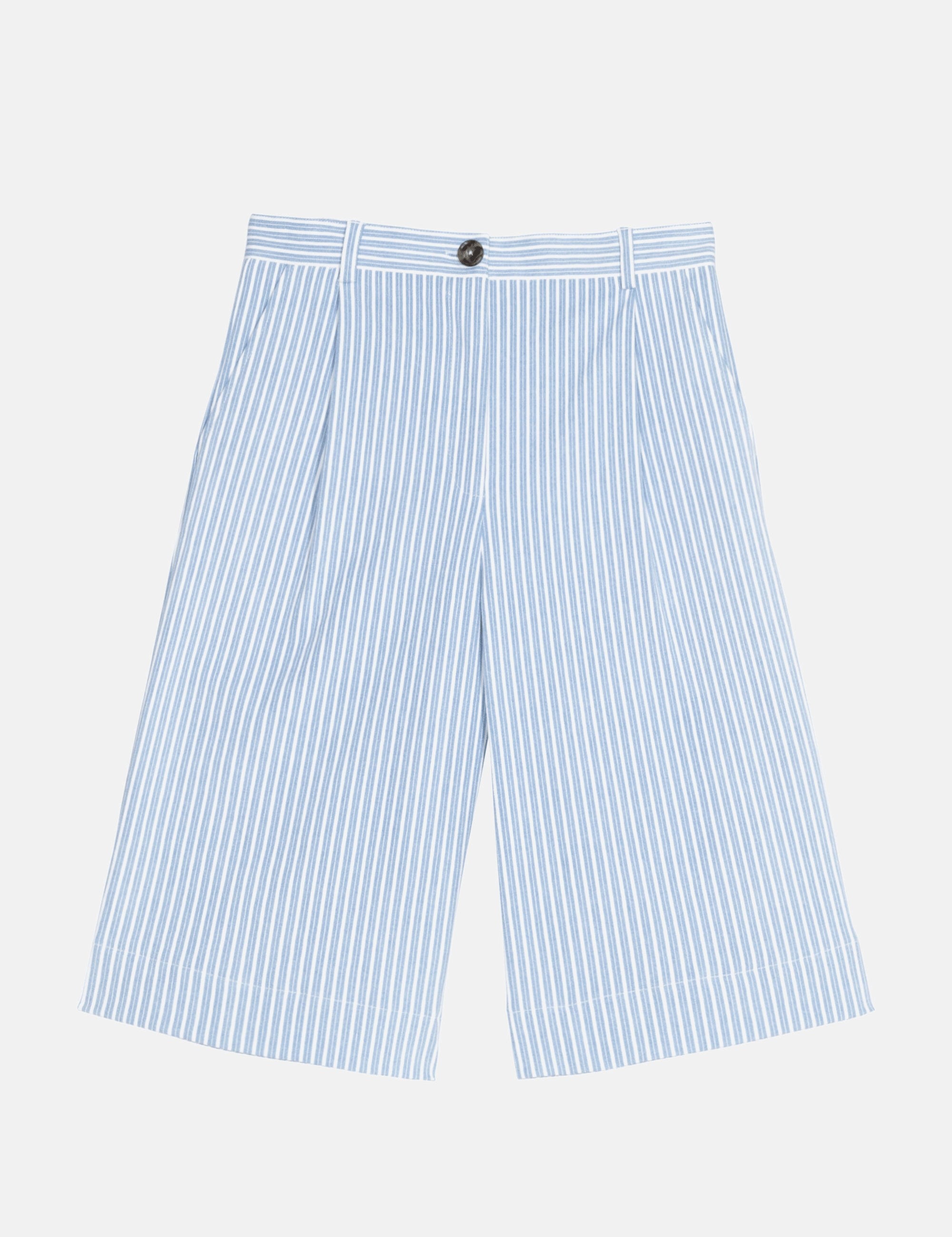 Light blue and white striped women's shorts on a white background