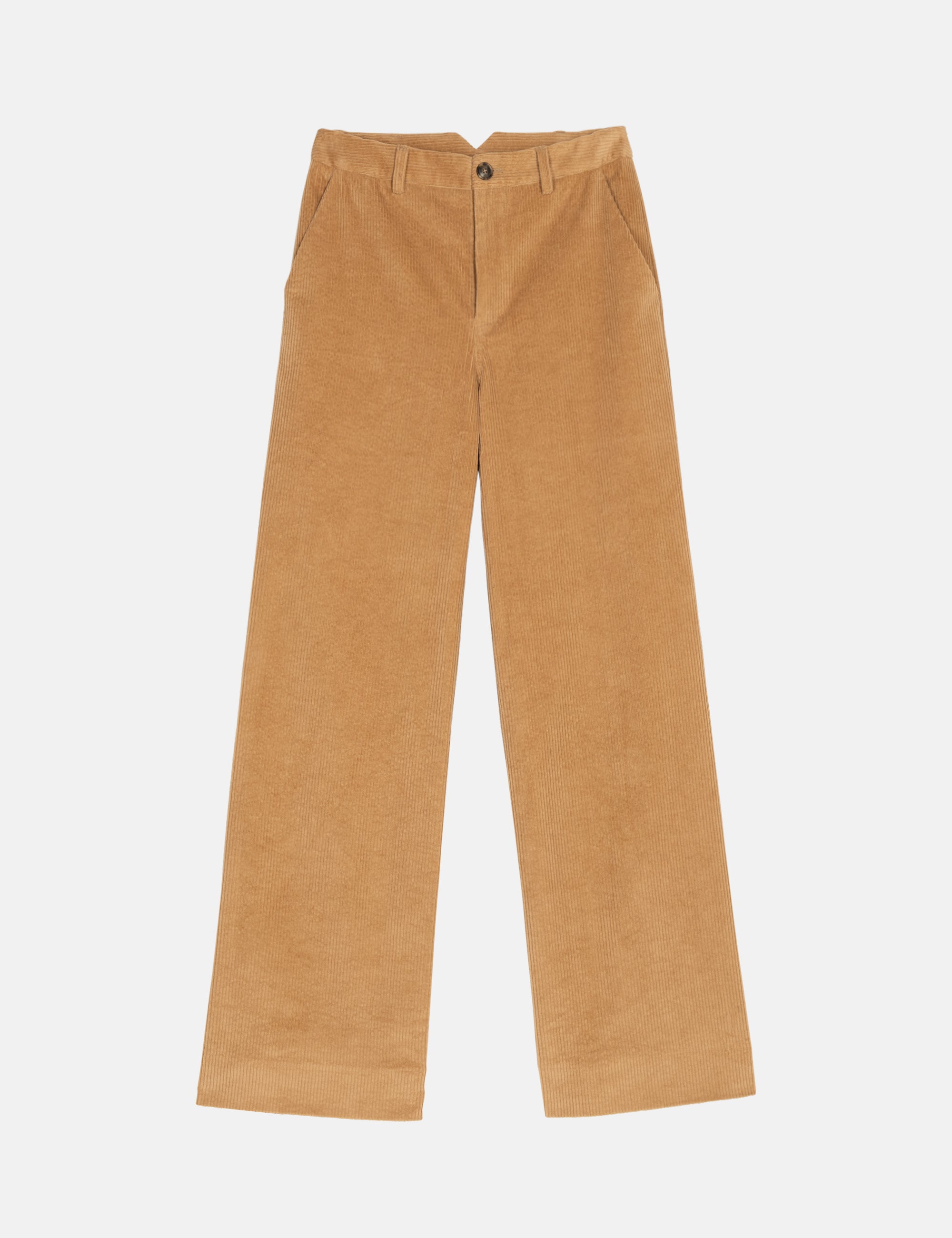 Women's tan colored corduroy pants on a white background