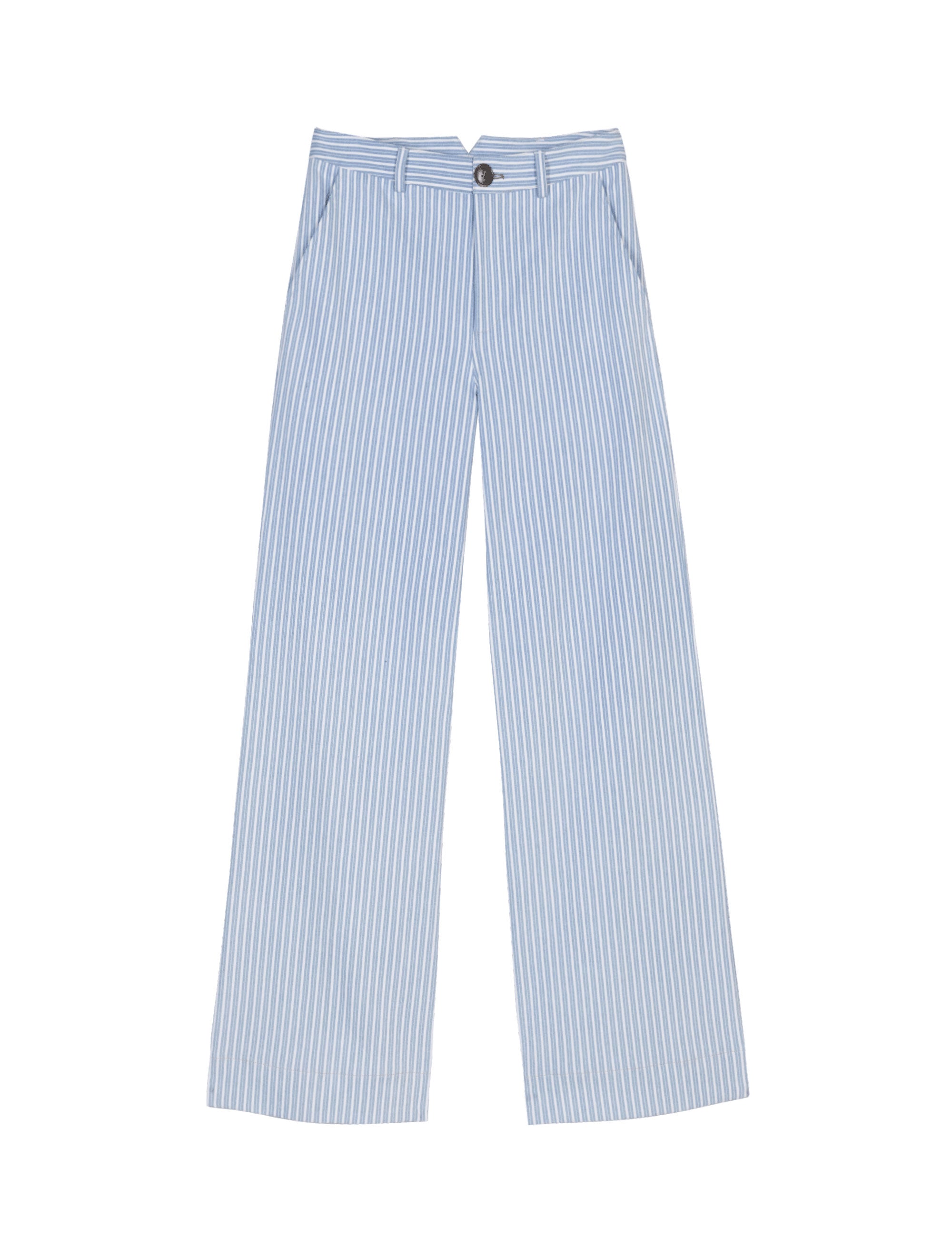 Light blue and white striped women's pants on a white background