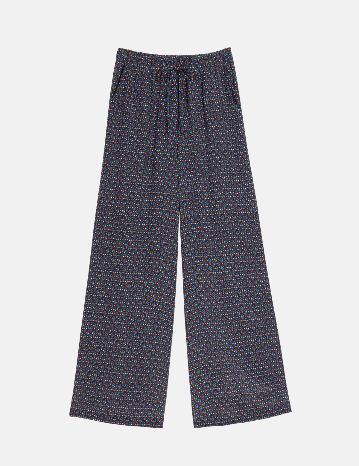 FRIGG patterned wide-leg pants, dark blue with small geometric print and elastic waist