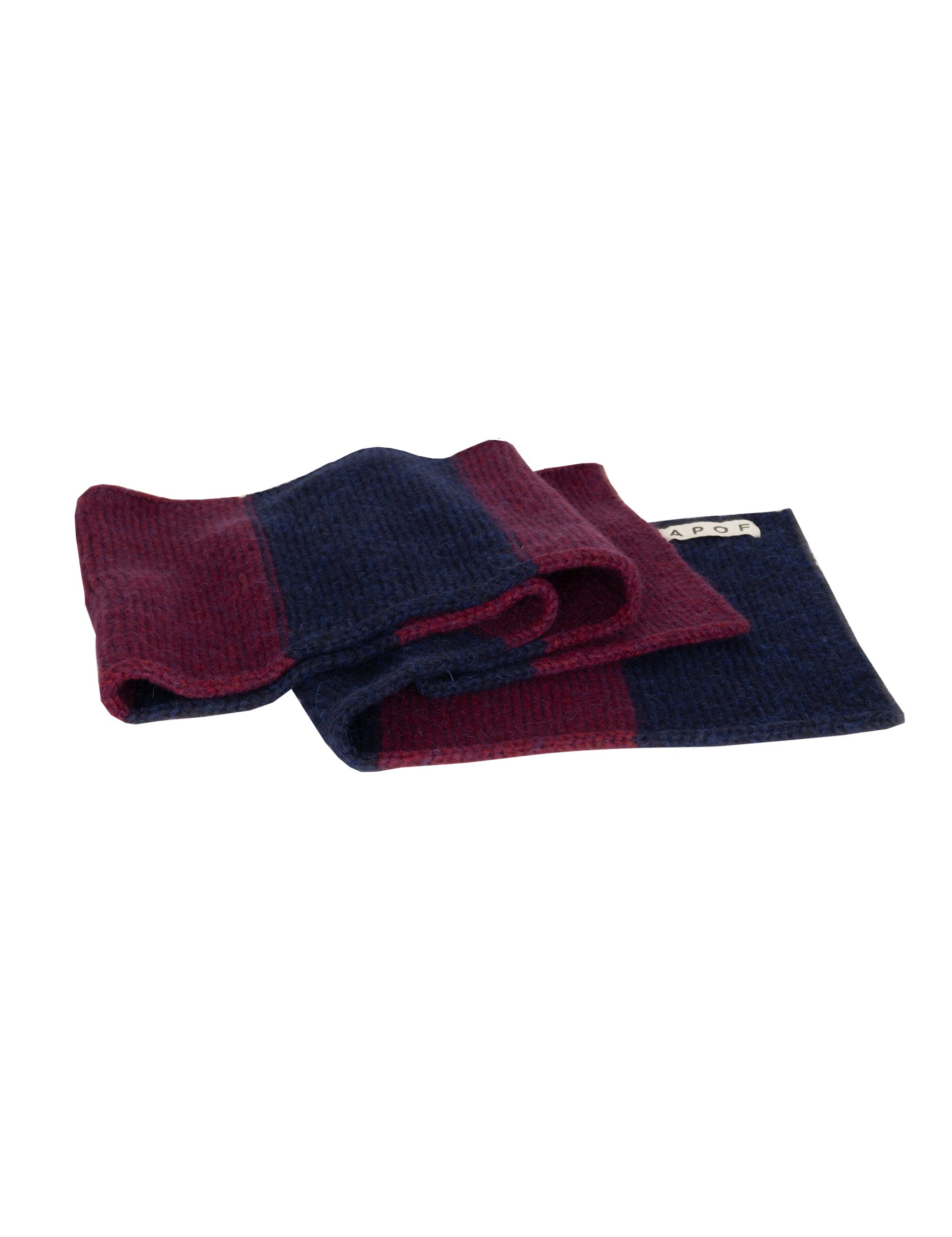Red and navy long wool scarf on a white background