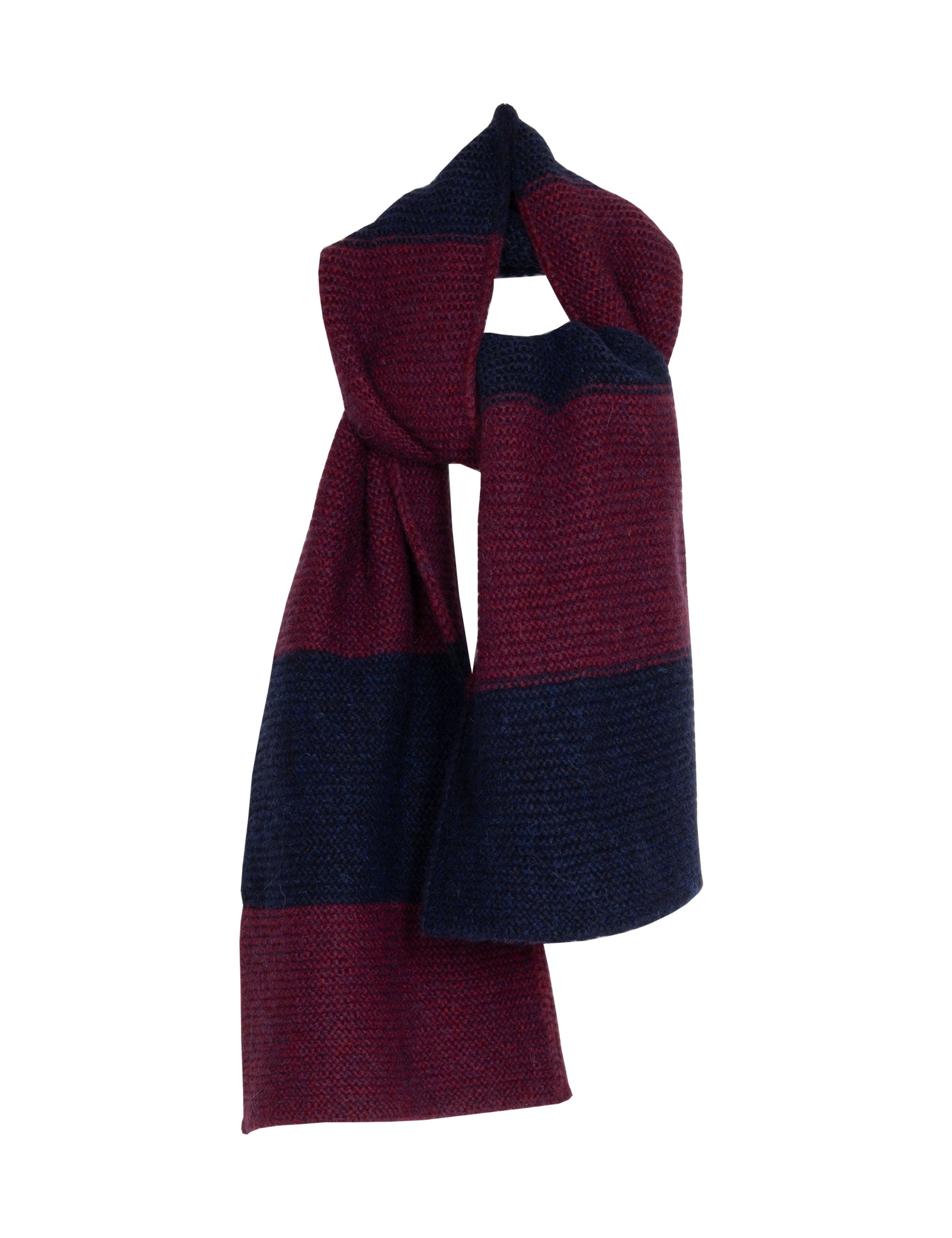 Burgundy and navy striped scarf on a white background