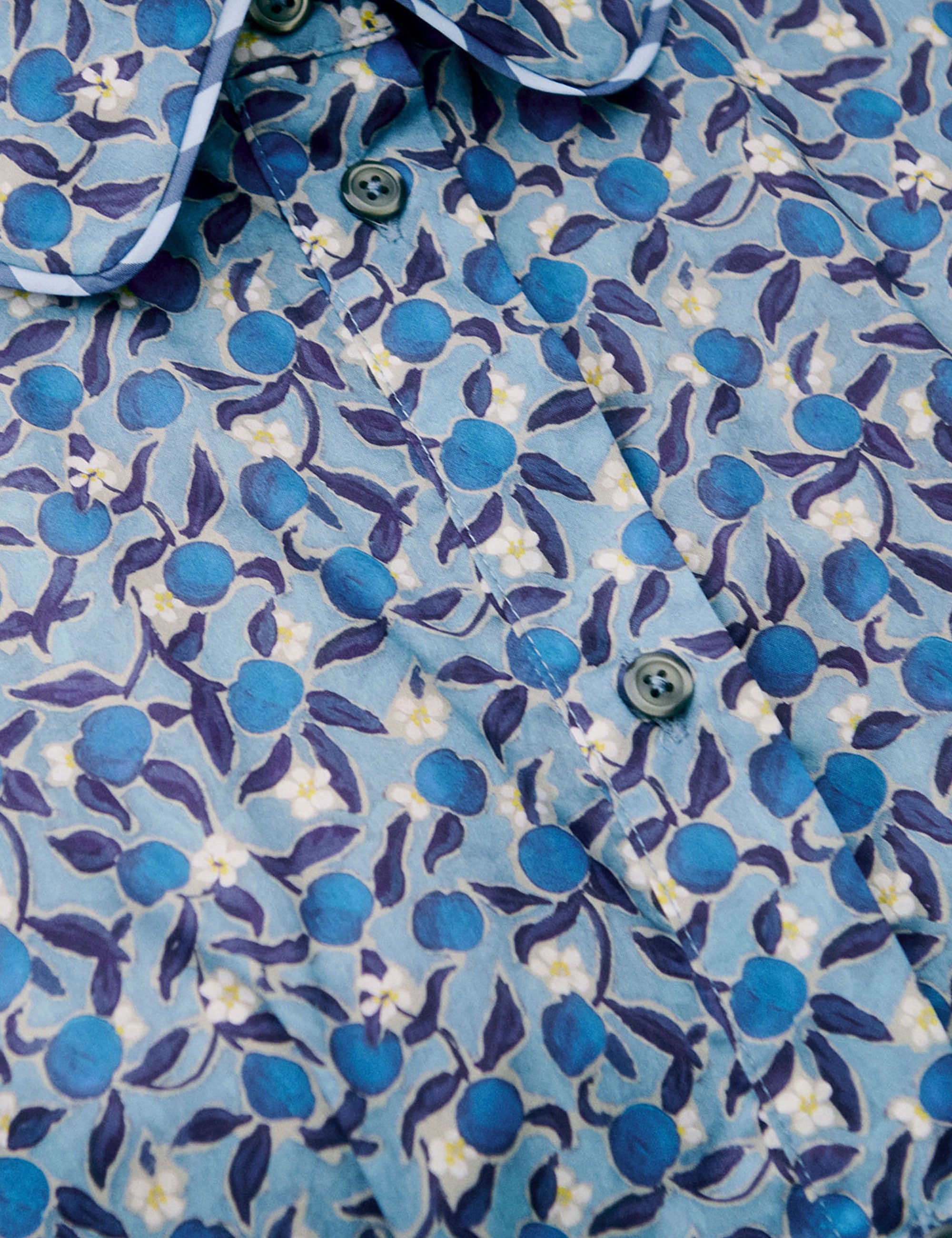 Close-up of blue and white floral pattern fabric with lemon print