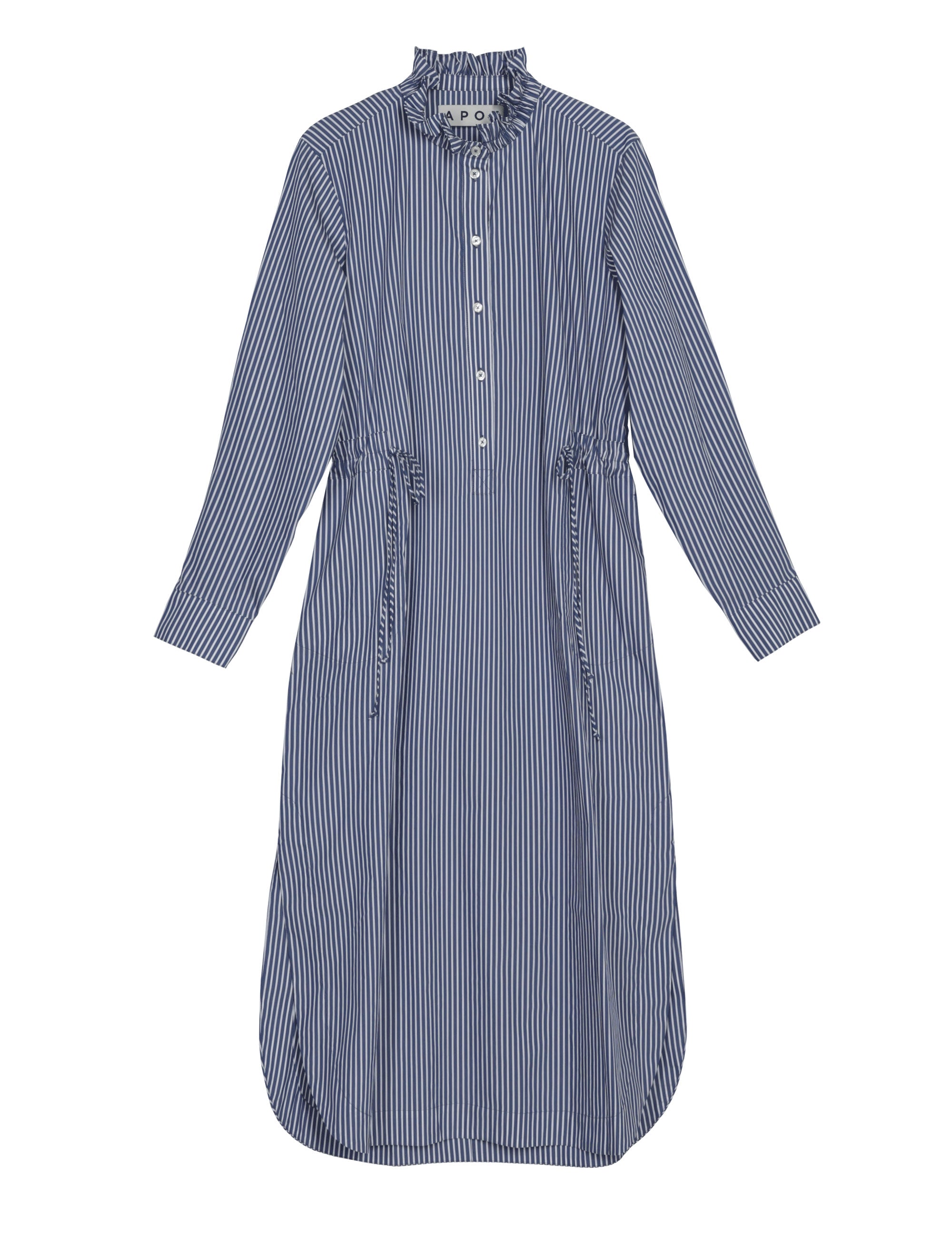 Liberty cotton blue and white striped midi dress with long sleeves and ruffled collar