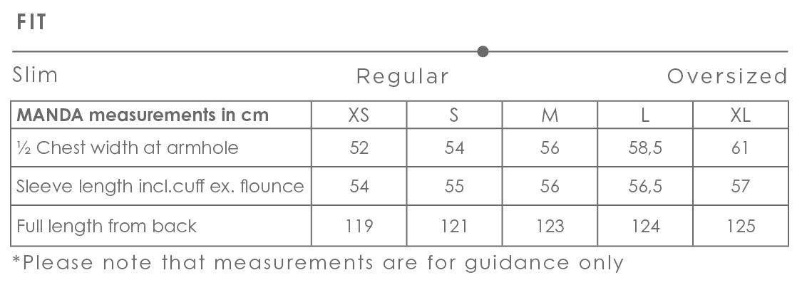 Size chart for Manda dress