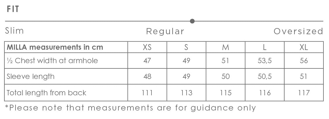 Milla dress size chart