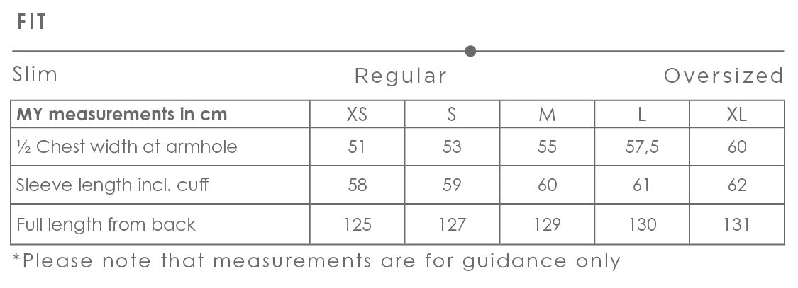 Size chart for Mye dress