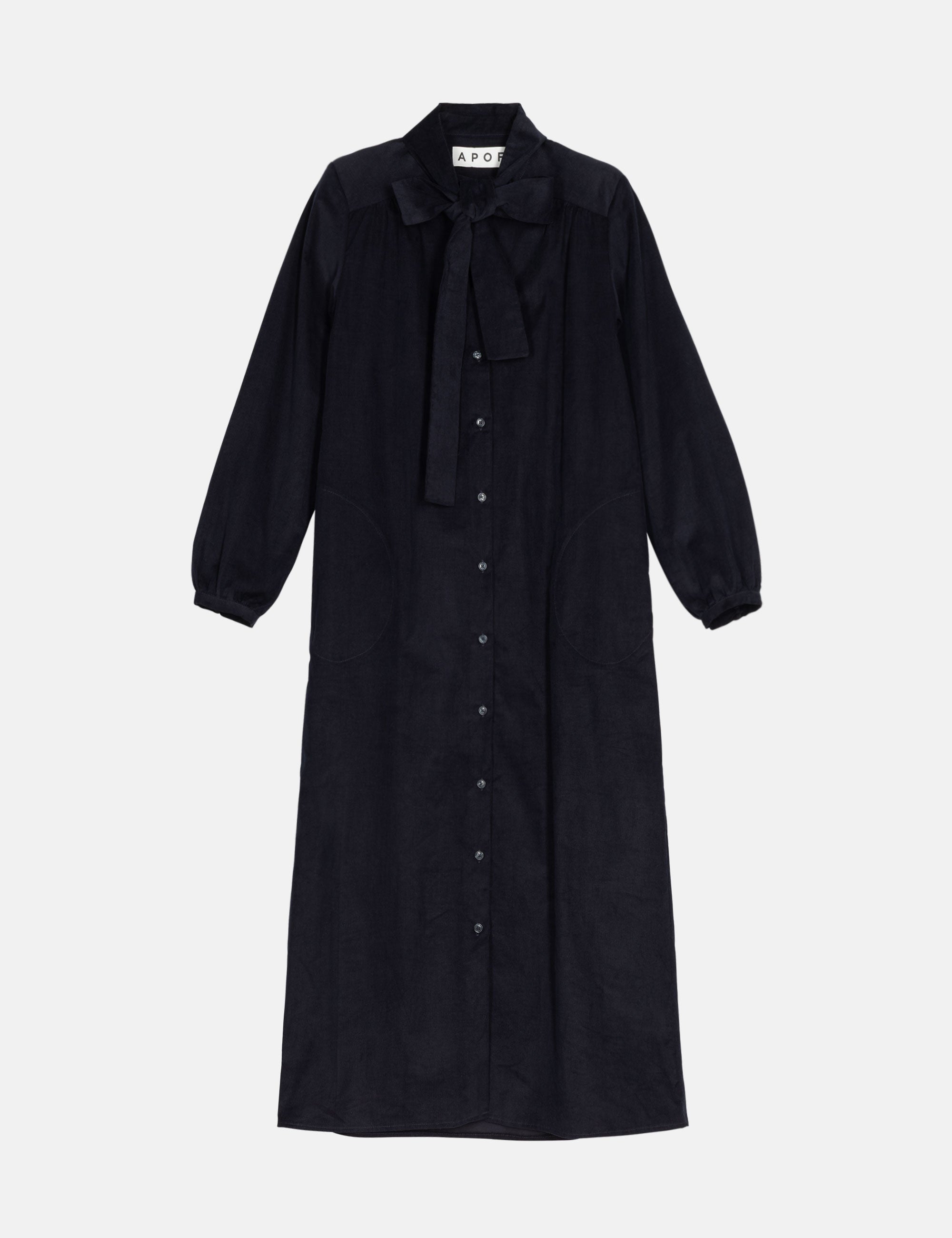 Blue corduroy dress with a bow detail, collar and buttons on a white background