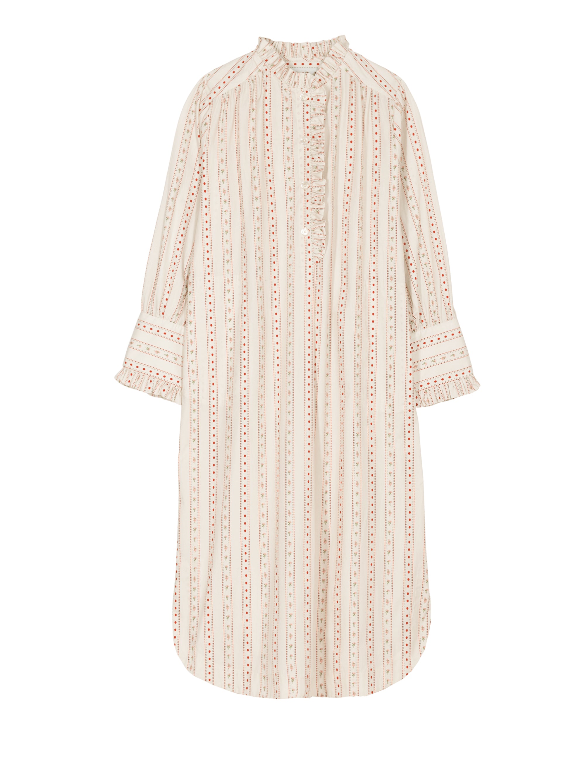 Beige dress with intricate patterns and frills on a white background