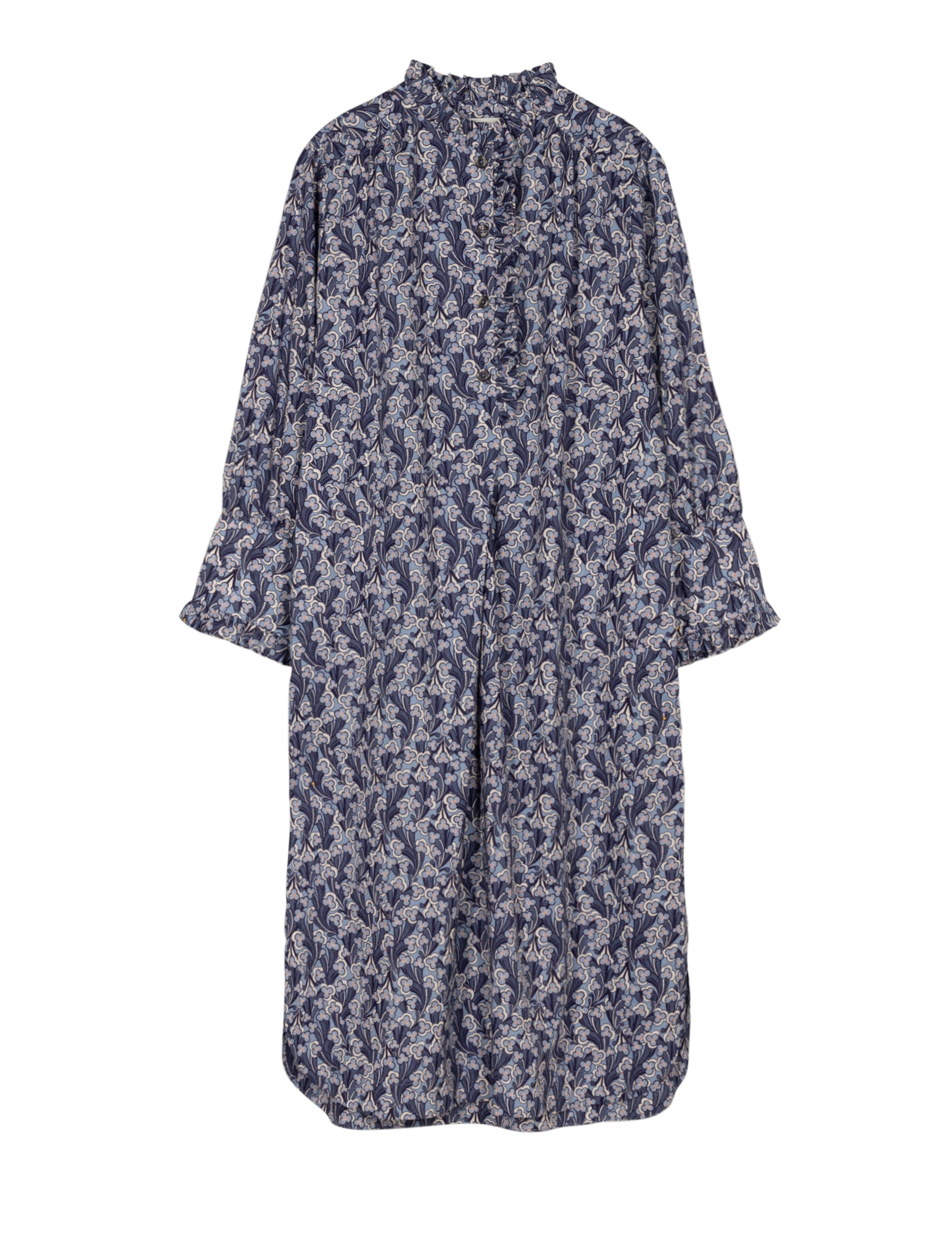 Blue floral patterned dress on a white background