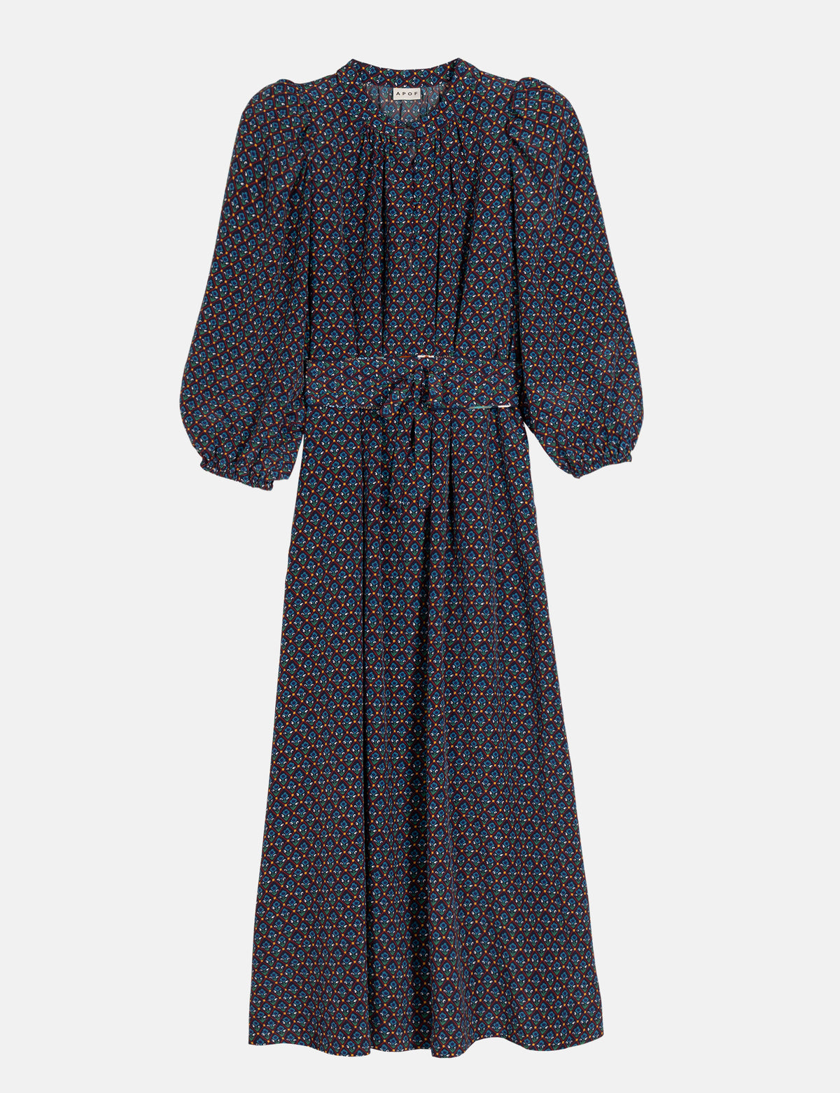 Navy patterned midi dress with round neckline and puff sleeves