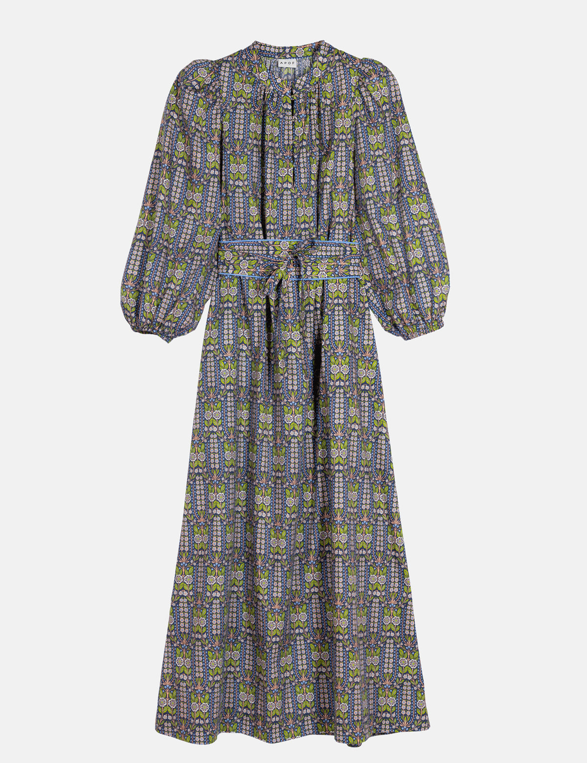 Maya dress in blue green yellow tile floral print, long puff sleeves, tied waist