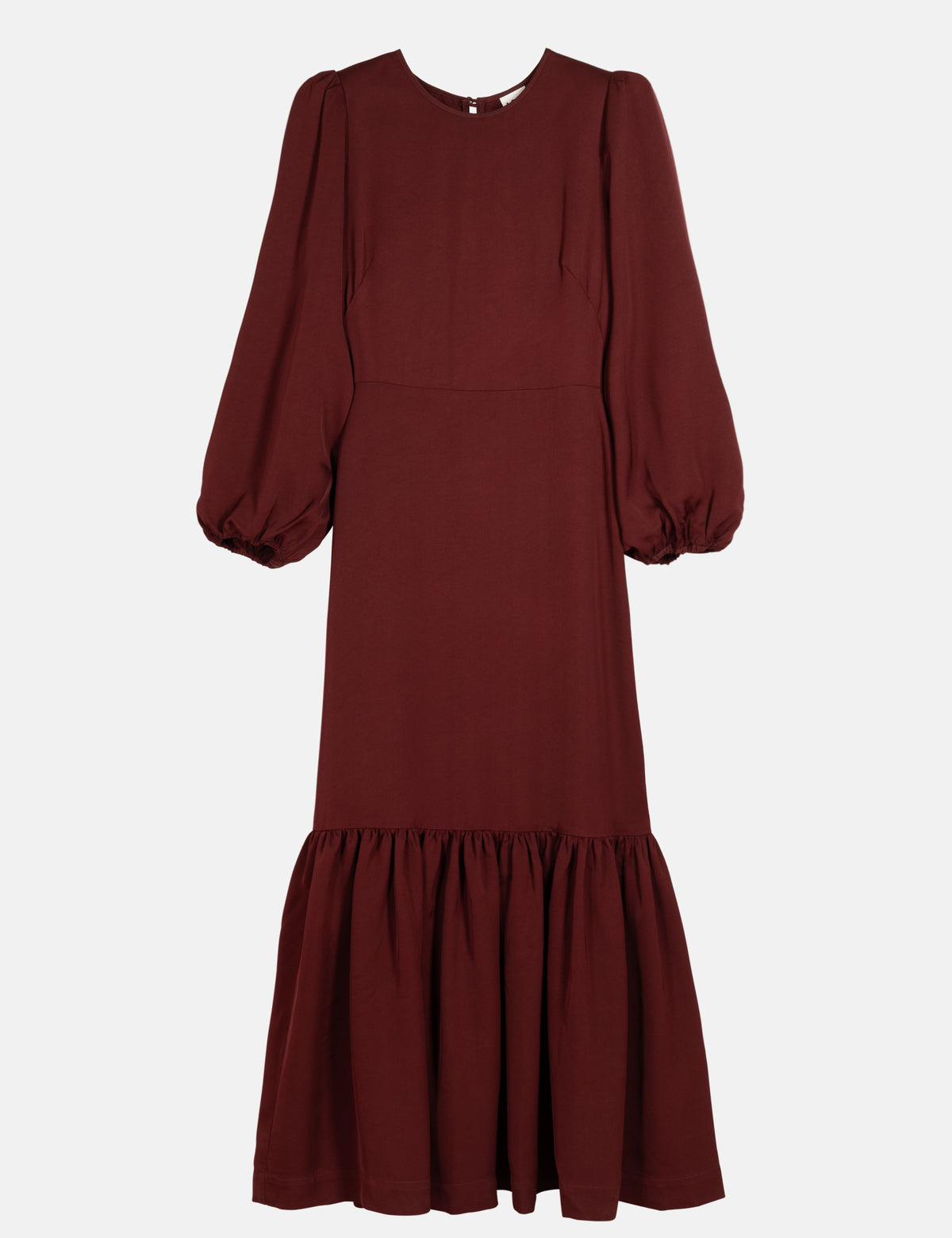 Burgundy midi dress with fitted bodice, puff sleeves, and tiered ruffle hem